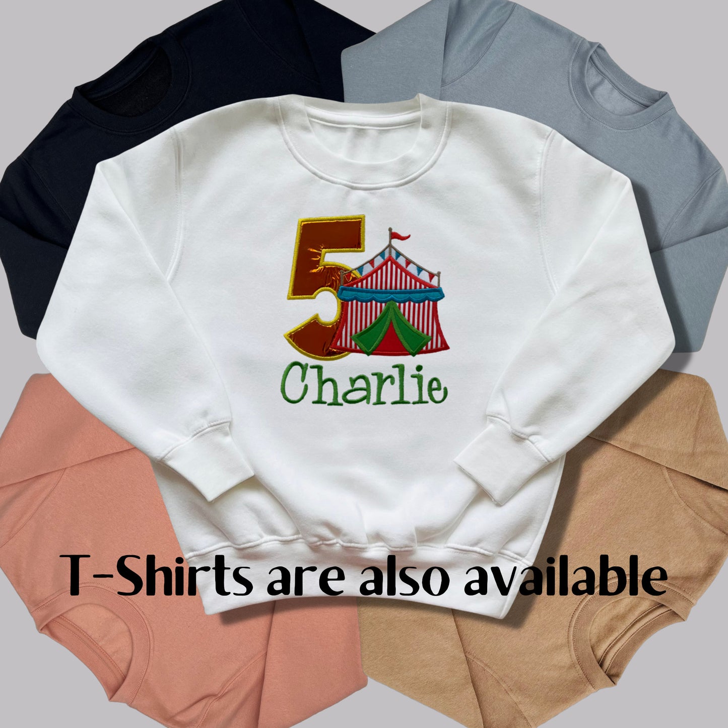 Personalised Embroidered Children's Birthday Top. Cute Applique Embroidered Circus Personalised with Age and Name Perfect Birthday Outfit