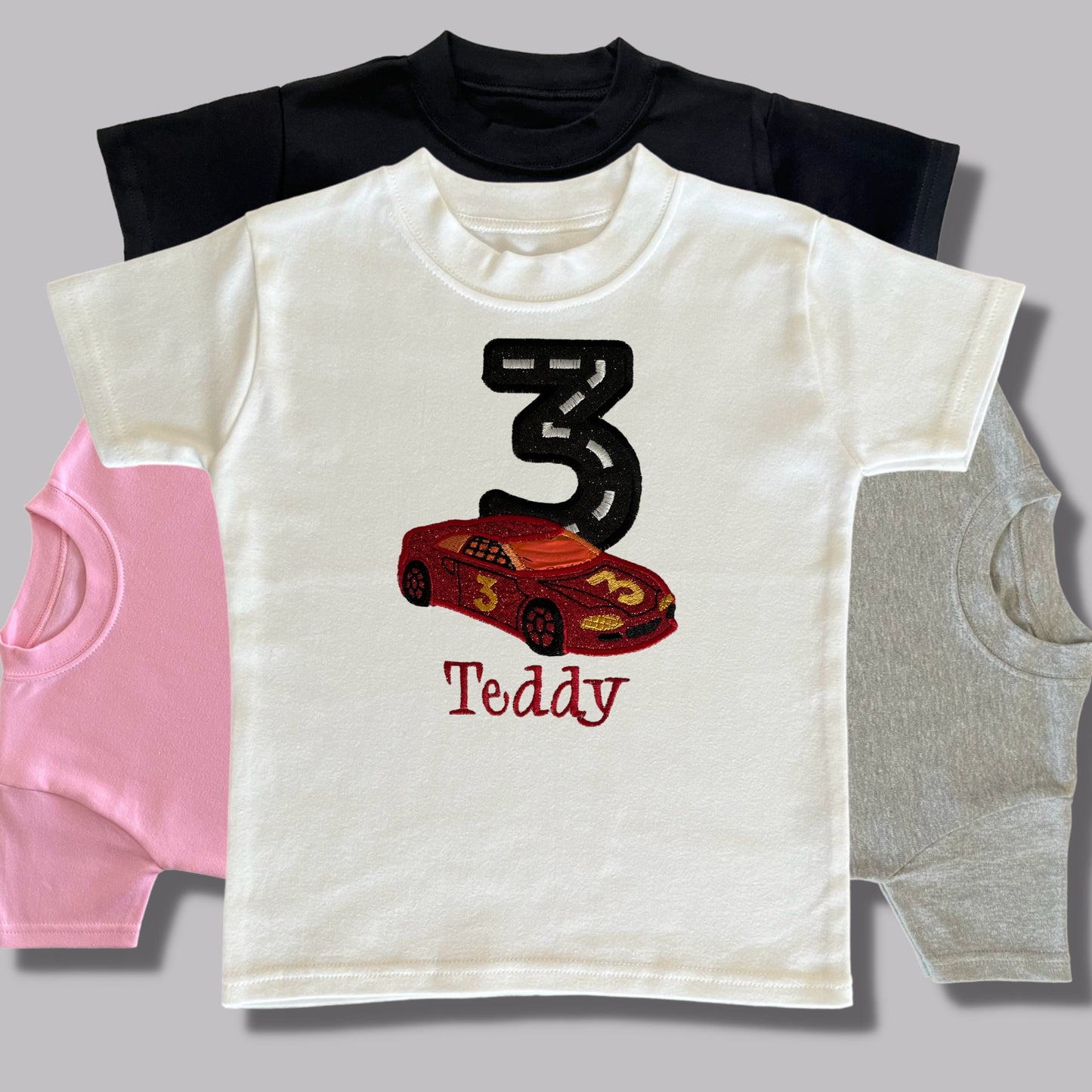 Personalised Embroidered Children's Birthday Top. Cute Applique Embroidered Red Racing Car Personalised with Age and Name. Perfect Gift.