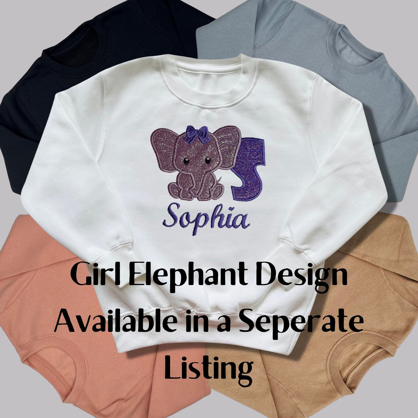 Children's Personalised Embroidered Top With a Cute Elephant Design. A Beautiful Design Using Glittery Blues with Child's Name and Initial