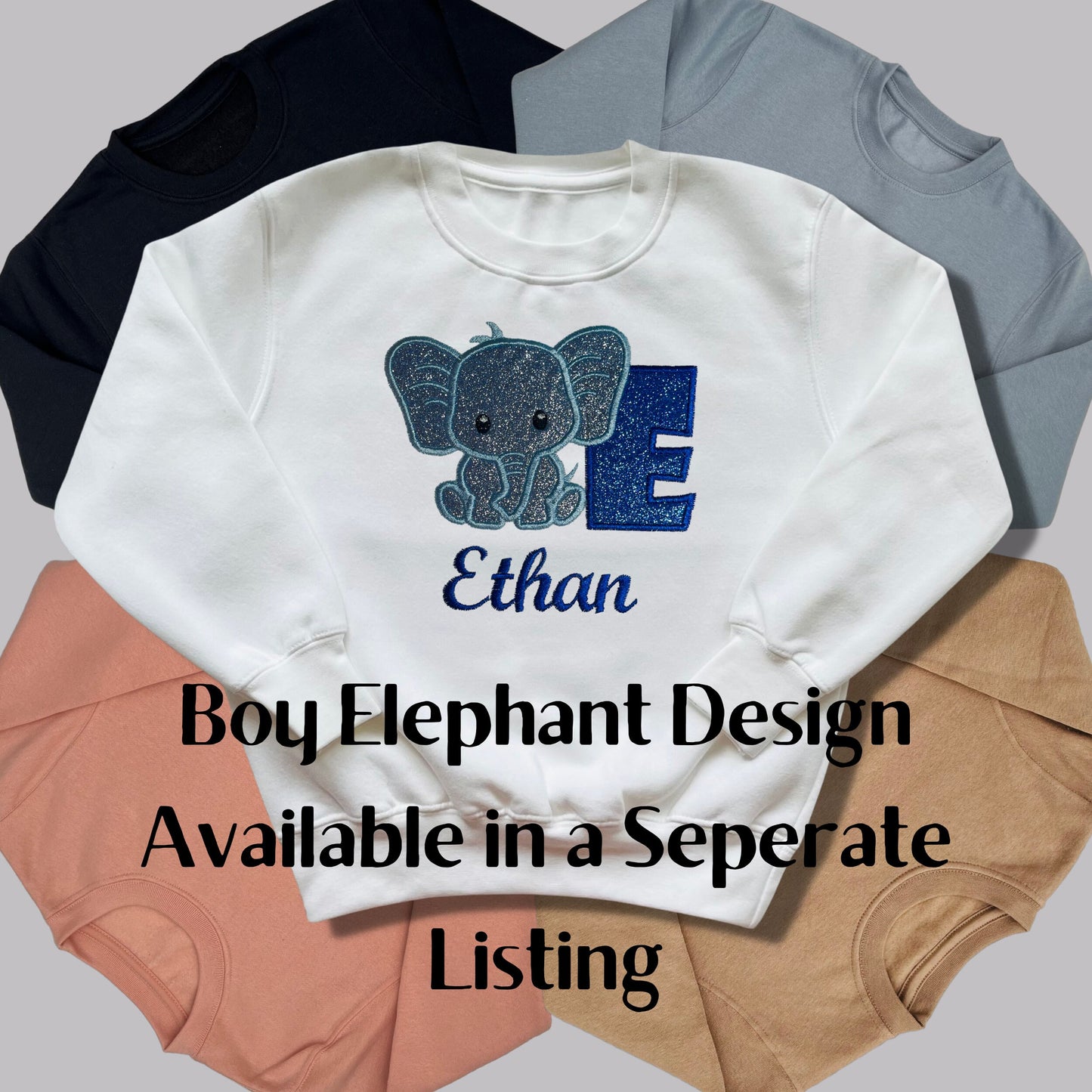 Children's Personalised Embroidered Top With a Cute Elephant Design. A Beautiful Design Using Glittery Purples with Child's Name and Initial