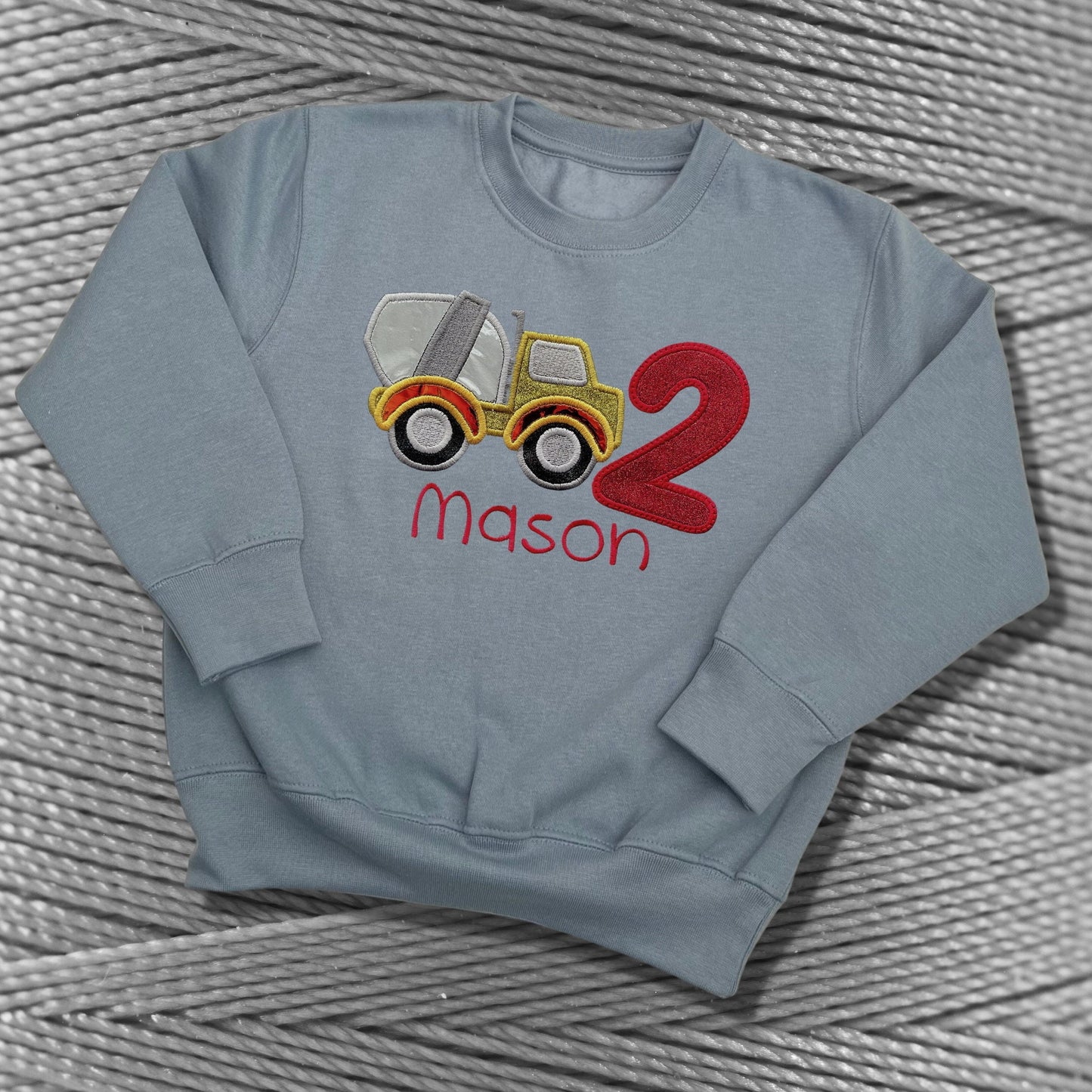 Personalised Embroidered Children's Birthday Top. Cute Applique Embroidered Construction Vehicle Personalised with Age and Name