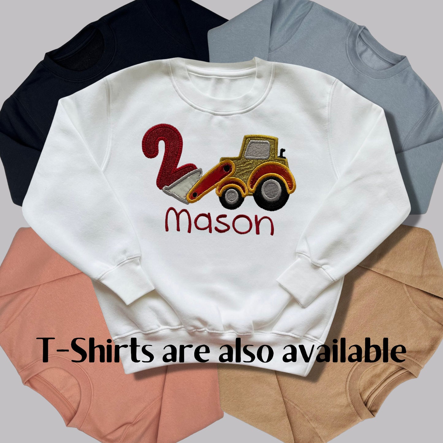 Personalised Embroidered Children's Birthday Top. Cute Applique Embroidered Construction Vehicle Personalised with Age and Name
