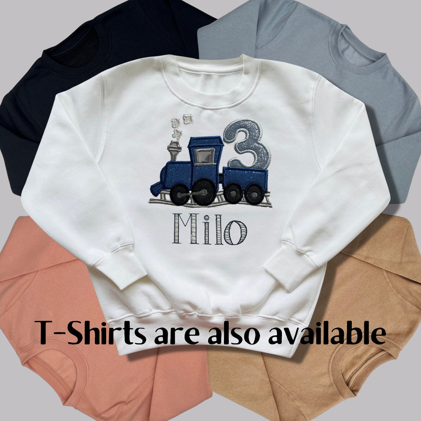 Personalised Embroidered Children's Birthday Top. Cute Applique Embroidered Train Personalised with Age and Name Perfect Birthday Outfit