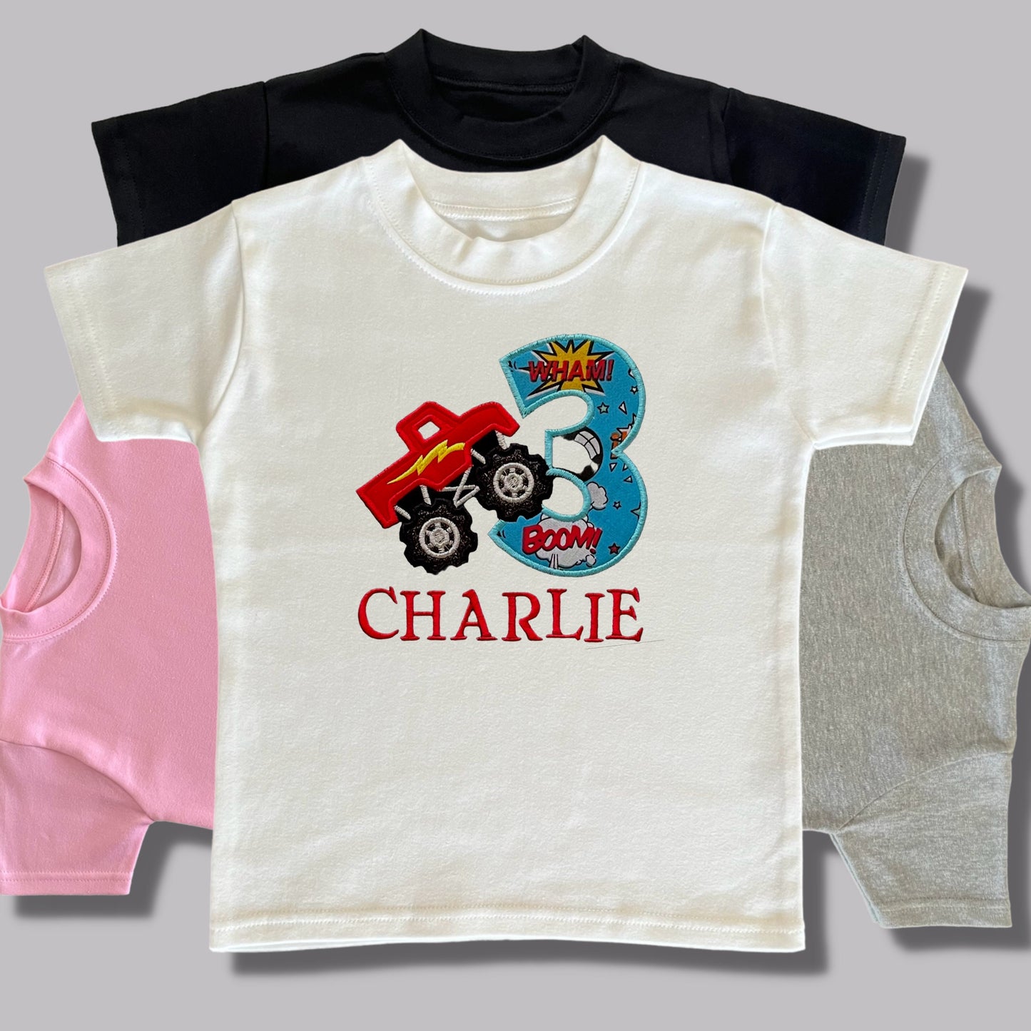 Personalised Embroidered Children's Birthday Top. Cute Monster Truck Design Personalised with Age and Name Perfect Birthday Outfit