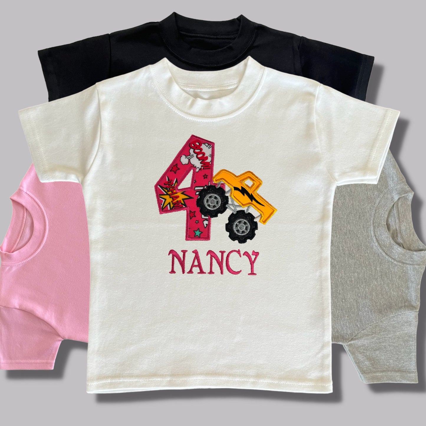 Personalised Embroidered Children's Birthday Top. Cute Monster Truck Design Personalised with Age and Name Perfect Birthday Outfit