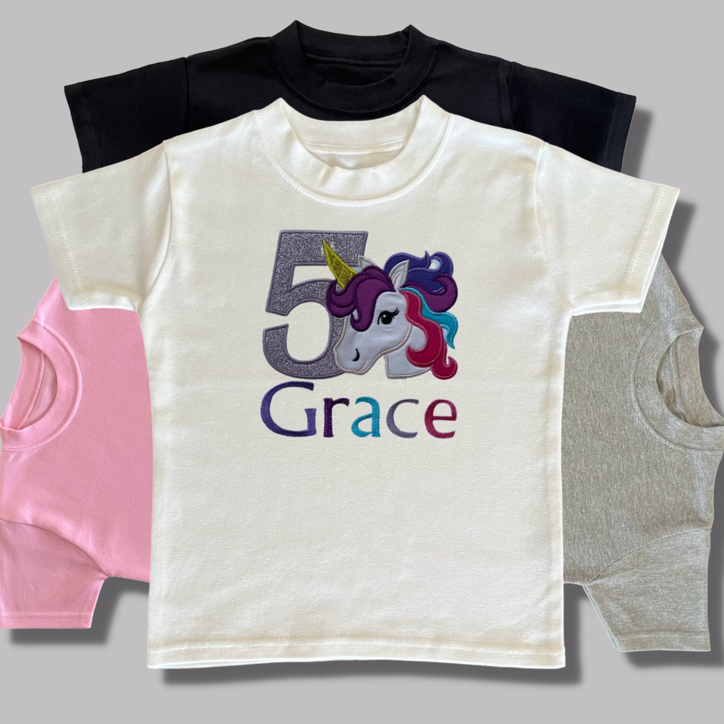 Personalised Embroidered Childrens Birthday Shirts. Cute Applique Embroidered Unicorn Personalised with Age and Name Perfect Birthday Outfit