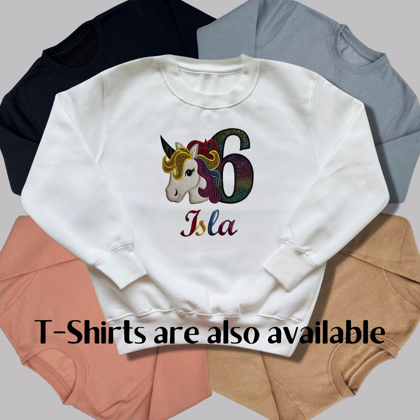 Personalised Embroidered Children's Birthday Top. Unicorn Design using Glittery Applique with Child's Age & Name. Perfect Birthday Outfit