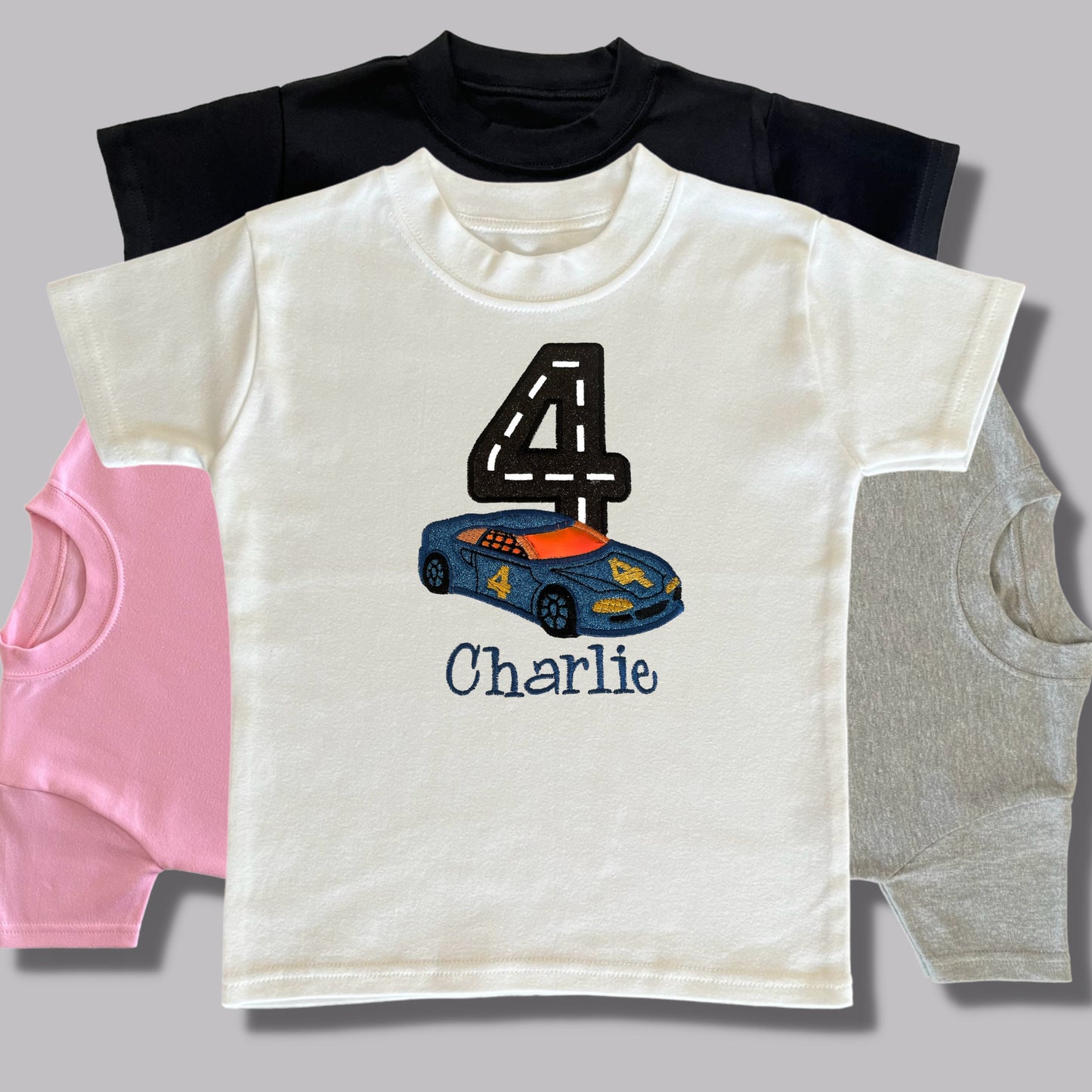 Personalised Embroidered Children's Birthday Top. Cute Applique Embroidered Blue Racing Car Personalised with Age and Name. Great Gift