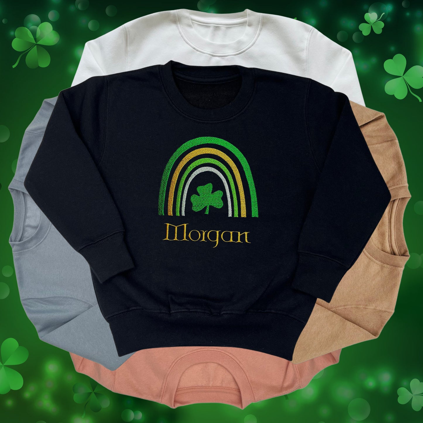 Personalised Embroidered Children's St Patrick's Day Top. Cute Rainbow Design Personalised with Name. Perfect for Celebrations
