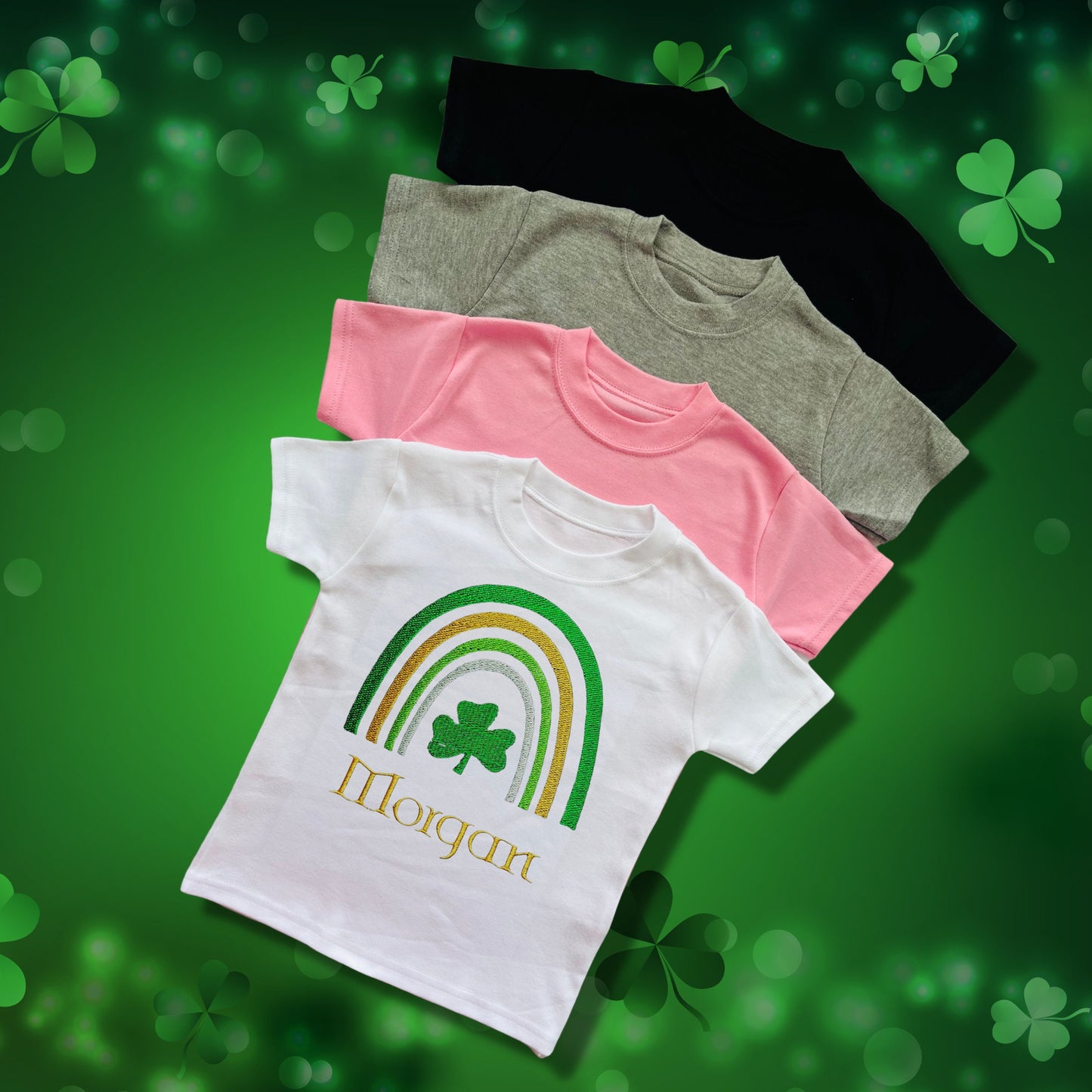 Personalised Embroidered Children's St Patrick's Day Top. Cute Rainbow Design Personalised with Name. Perfect for Celebrations