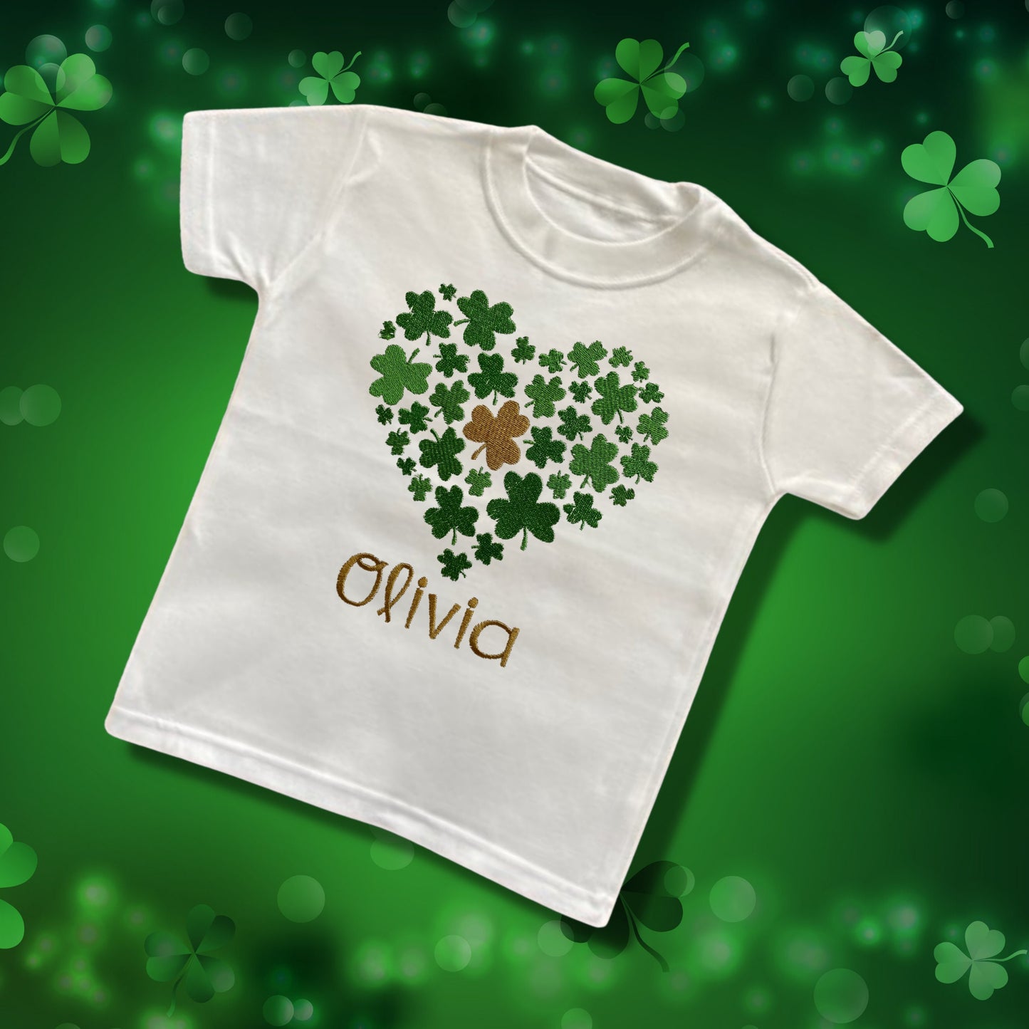 Personalised Embroidered Children's St Patrick's Day Tops. Various Cute Heart Shaped Shamrock Design Personalised with Name.