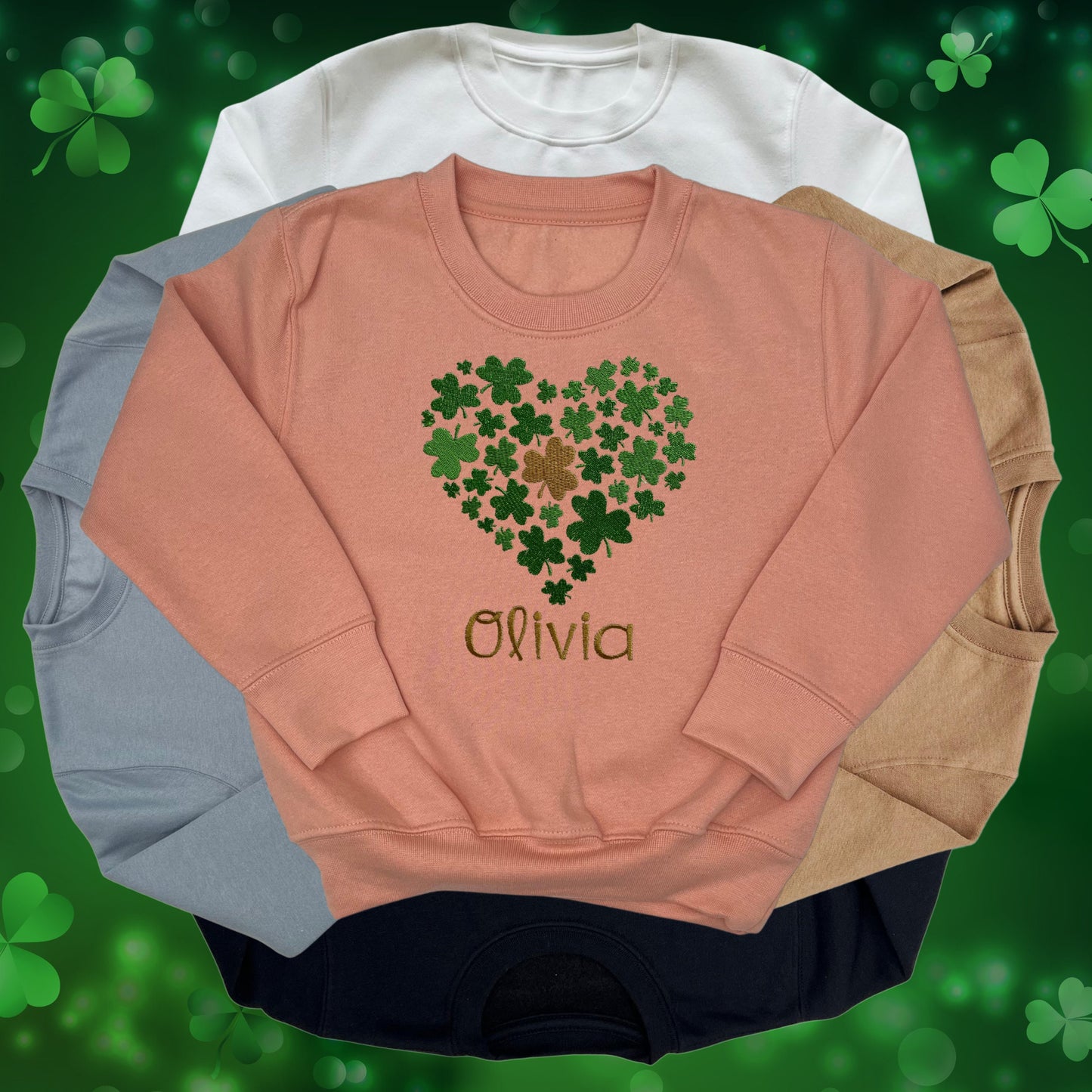 Personalised Embroidered Children's St Patrick's Day Tops. Various Cute Heart Shaped Shamrock Design Personalised with Name.