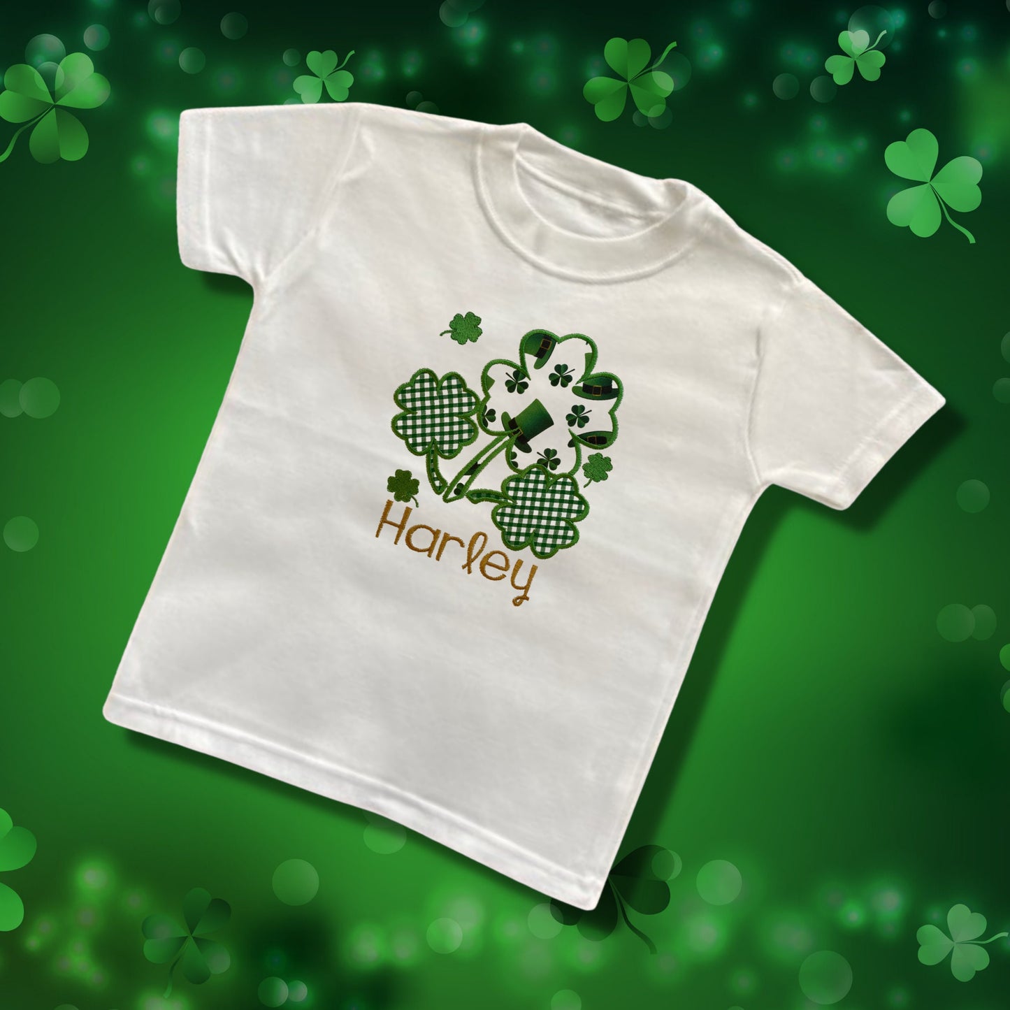 Personalised Embroidered Childrens St Patrick's Day Tops. Cute Shamrock Design Personalised with Name. Perfect for Celebrations