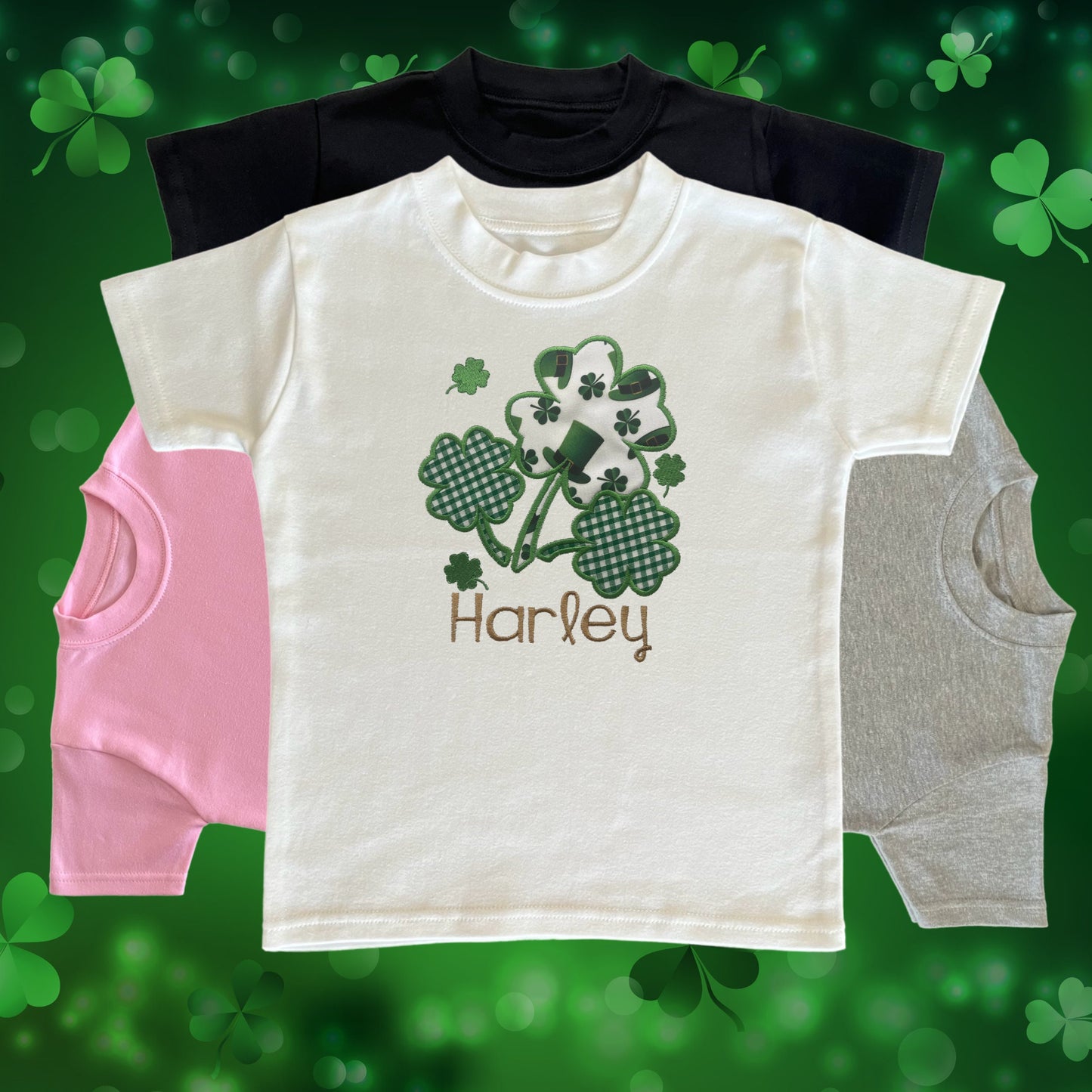 Personalised Embroidered Childrens St Patrick's Day Tops. Cute Shamrock Design Personalised with Name. Perfect for Celebrations