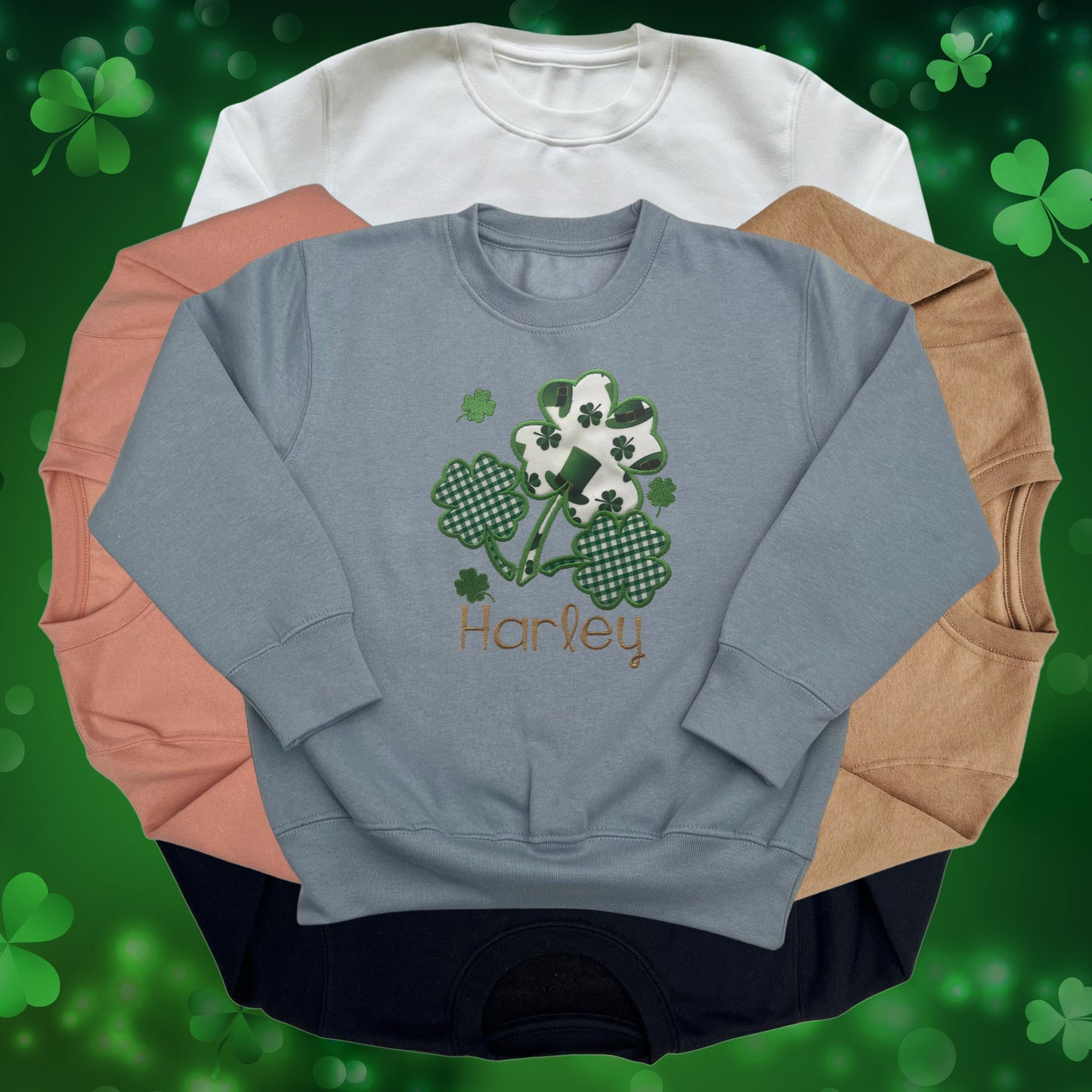 Personalised Embroidered Childrens St Patrick's Day Tops. Cute Shamrock Design Personalised with Name. Perfect for Celebrations
