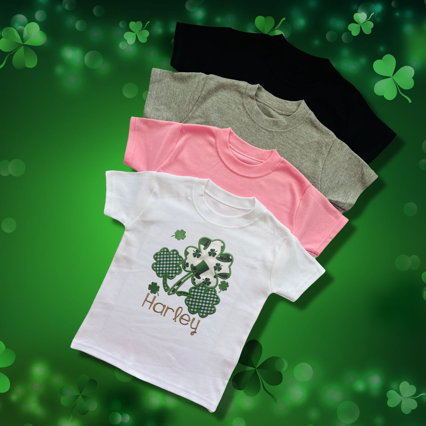 Personalised Embroidered Childrens St Patrick's Day Tops. Cute Shamrock Design Personalised with Name. Perfect for Celebrations