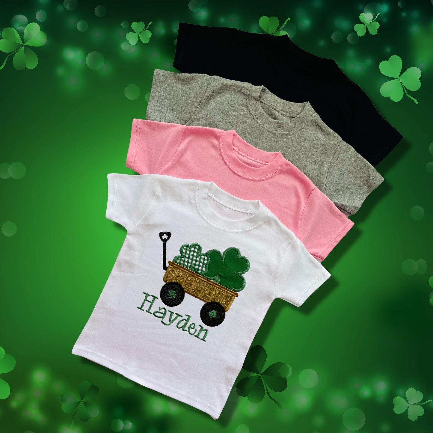 Personalised Embroidered Childrens St Patrick's Day Top. Glittery Gold Cart with Shamrocks. Choice of Garments. Perfect for Celebrations
