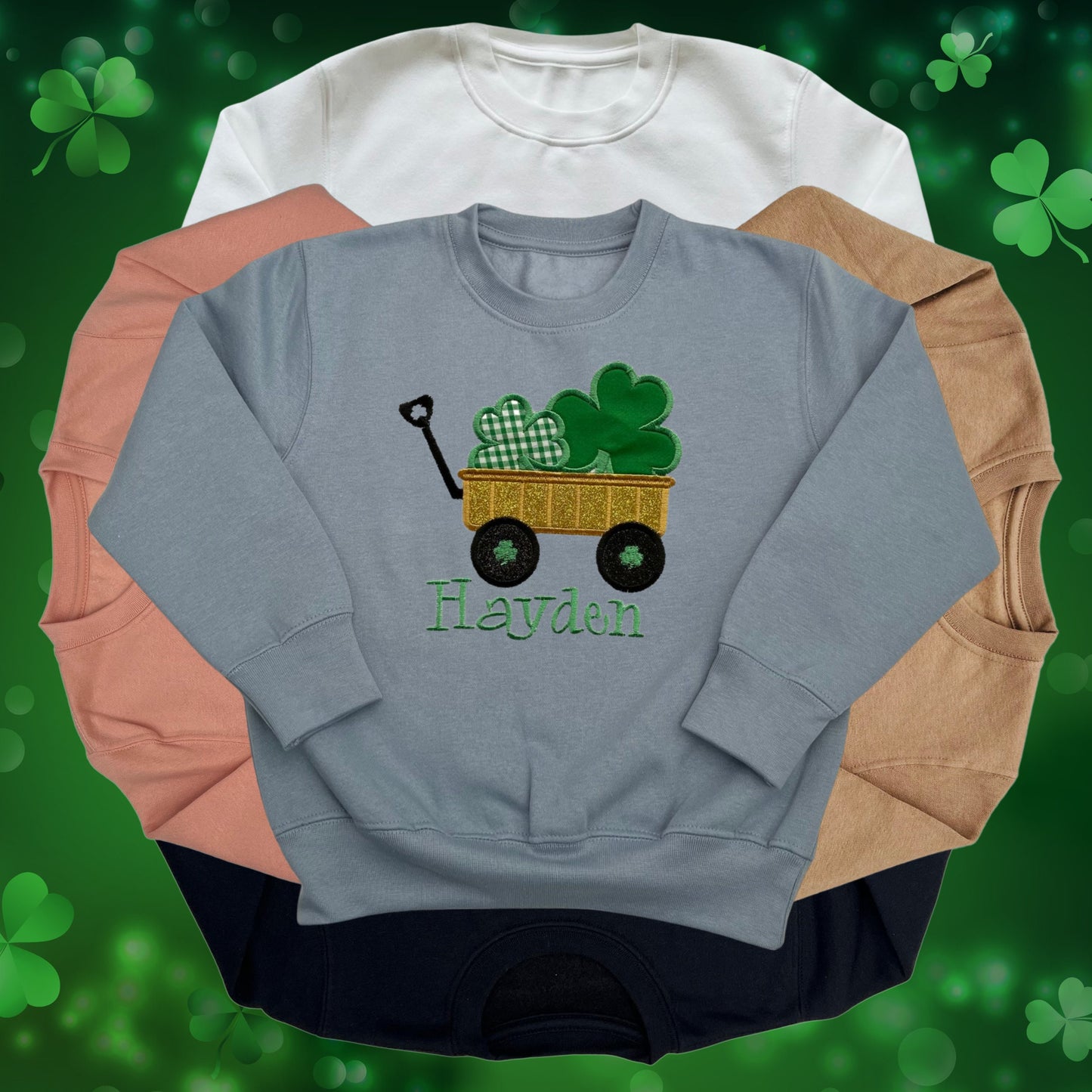 Personalised Embroidered Childrens St Patrick's Day Top. Glittery Gold Cart with Shamrocks. Choice of Garments. Perfect for Celebrations