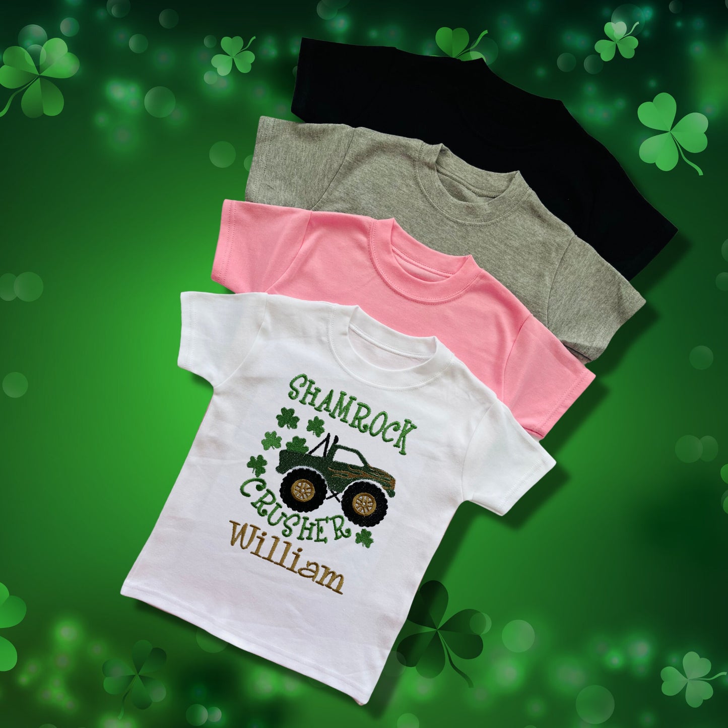Personalised Embroidered Children's St Patrick's Day Top. Monster Truck Shamrock Crusher Design Personalised with Name.