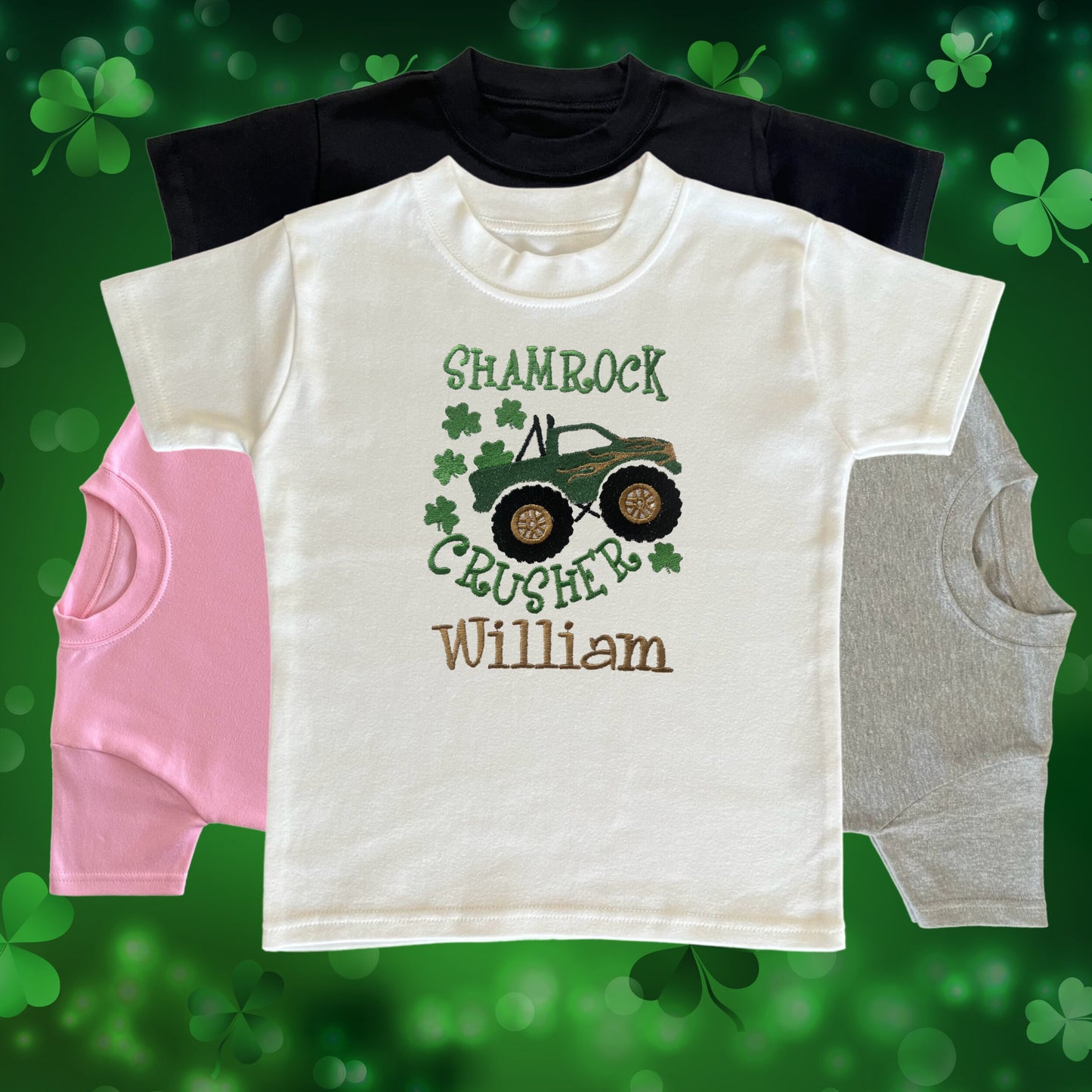 Personalised Embroidered Children's St Patrick's Day Top. Monster Truck Shamrock Crusher Design Personalised with Name.