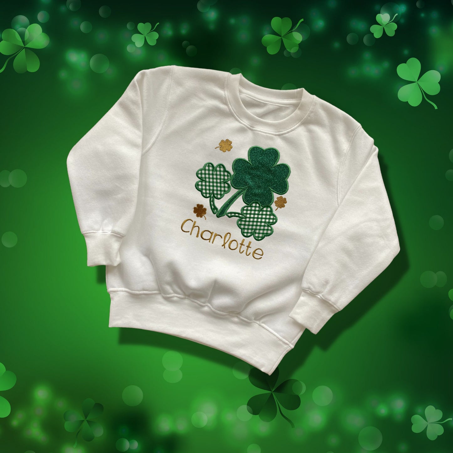 Personalised Embroidered Childrens St Patrick's Day Top. Cute Applique Shamrock Design Personalised with Name. Perfect for Celebrations