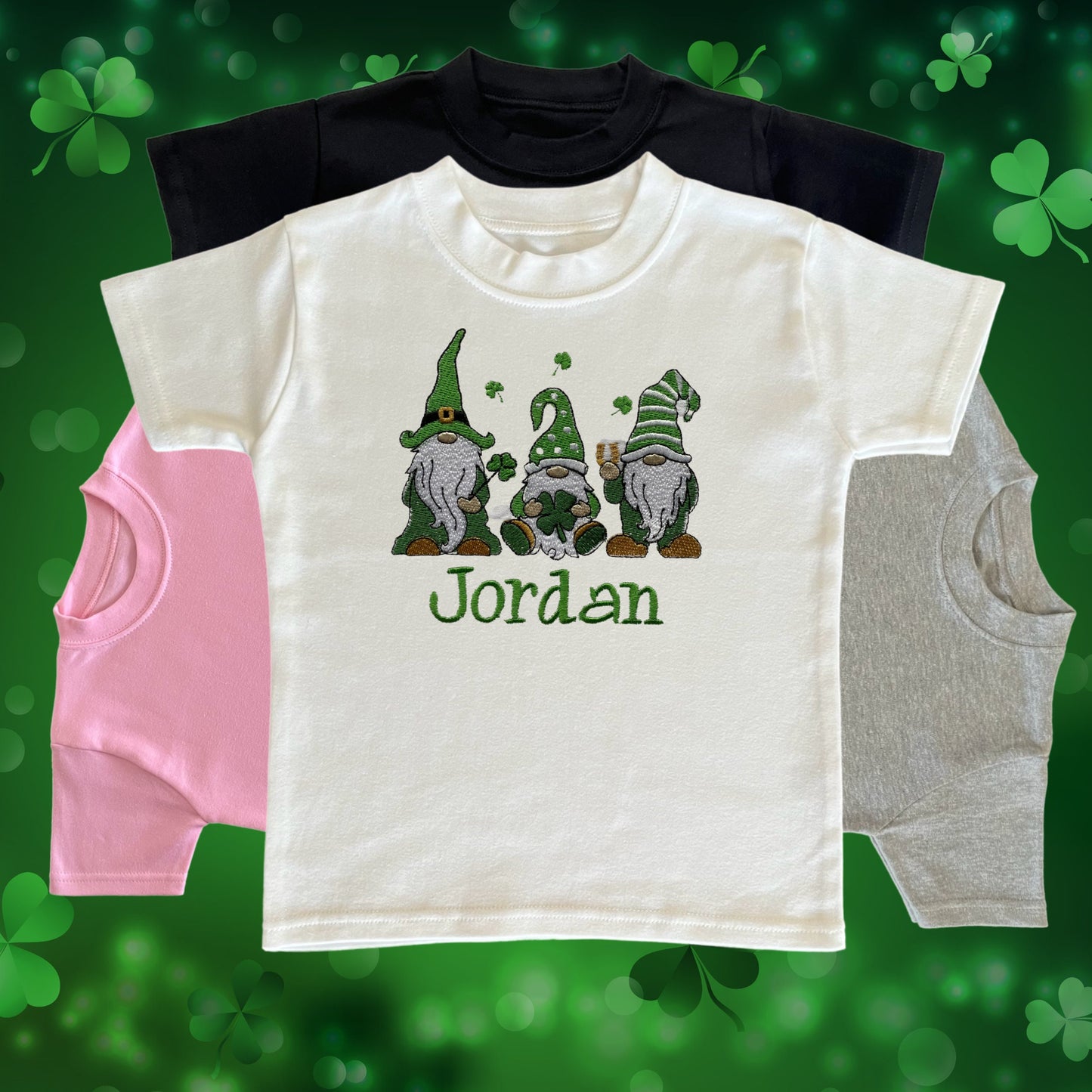 Personalised Embroidered Children's St Patrick's Day Top. Cute Gnome Design Personalised with Name. Perfect for Celebrations