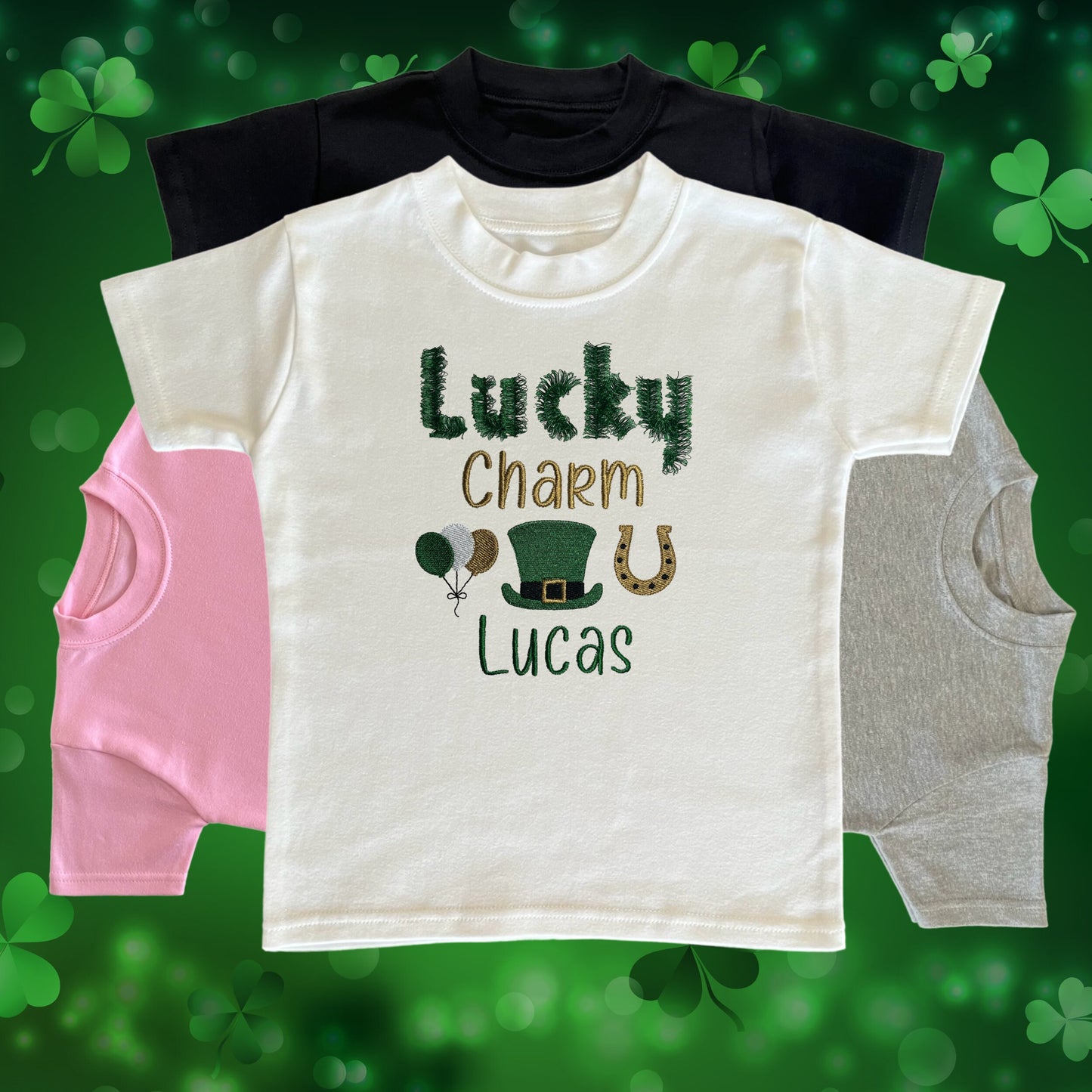 Personalised Embroidered Children's St Patrick's Day Top. Cute Lucky Charm Design Personalised with Name. Perfect for Celebrations