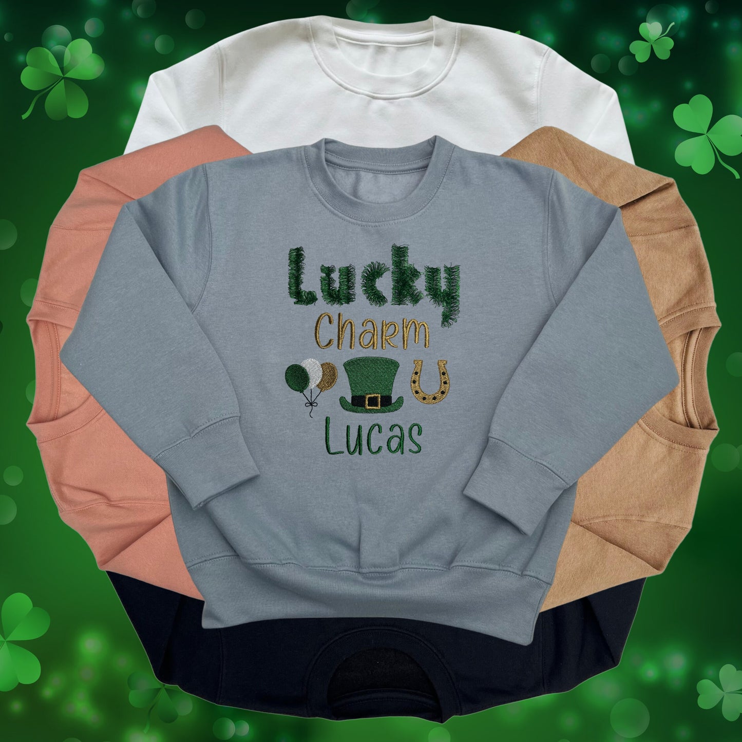 Personalised Embroidered Children's St Patrick's Day Top. Cute Lucky Charm Design Personalised with Name. Perfect for Celebrations