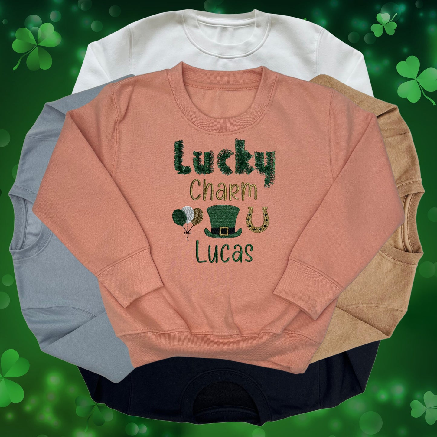 Personalised Embroidered Children's St Patrick's Day Top. Cute Lucky Charm Design Personalised with Name. Perfect for Celebrations
