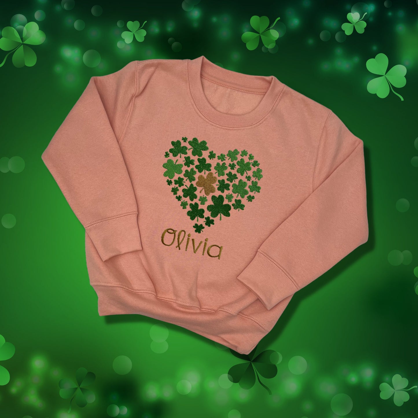 Personalised Embroidered Children's St Patrick's Day Tops. Various Cute Heart Shaped Shamrock Design Personalised with Name.