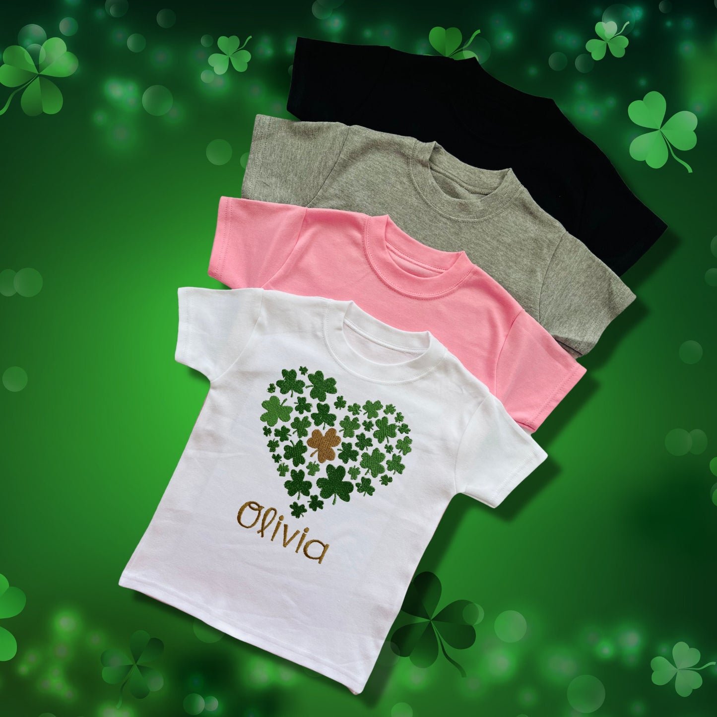 Personalised Embroidered Children's St Patrick's Day Tops. Various Cute Heart Shaped Shamrock Design Personalised with Name.