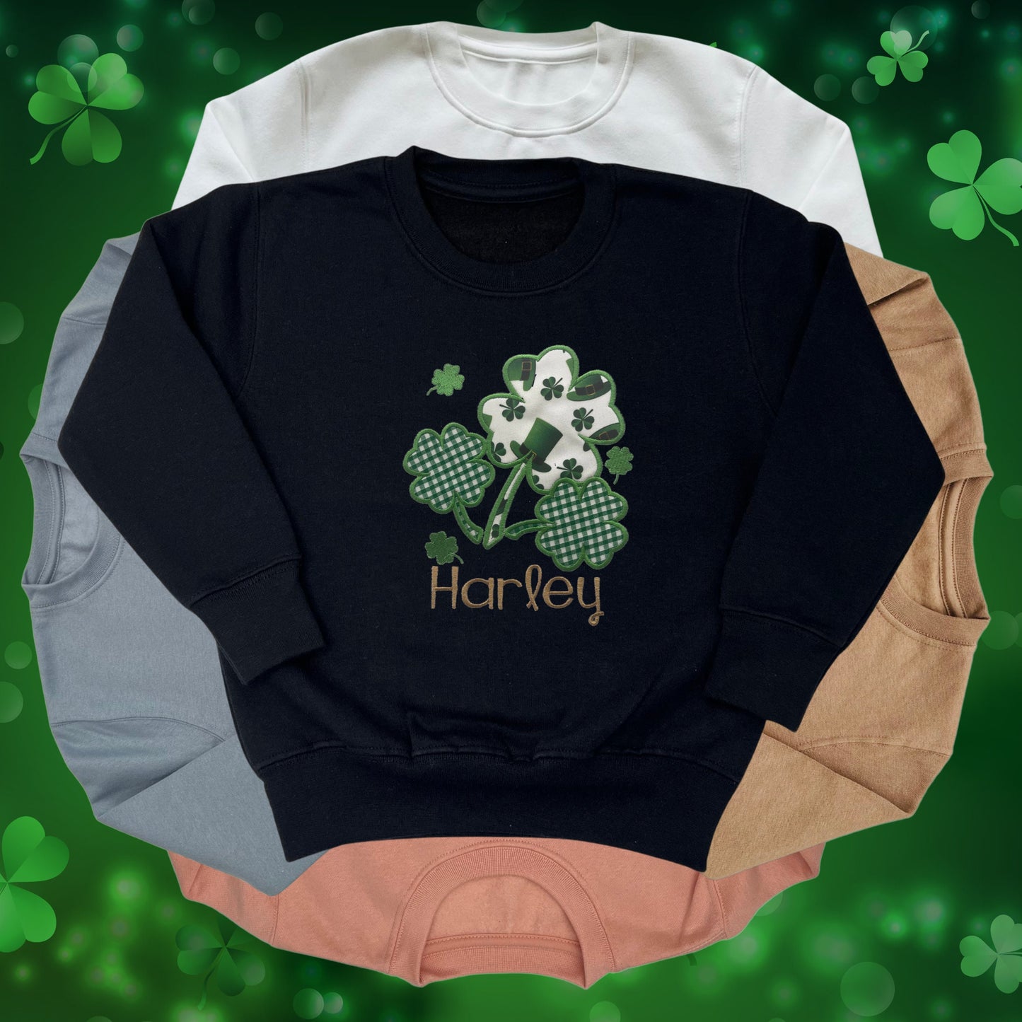 Personalised Embroidered Childrens St Patrick's Day Tops. Cute Shamrock Design Personalised with Name. Perfect for Celebrations