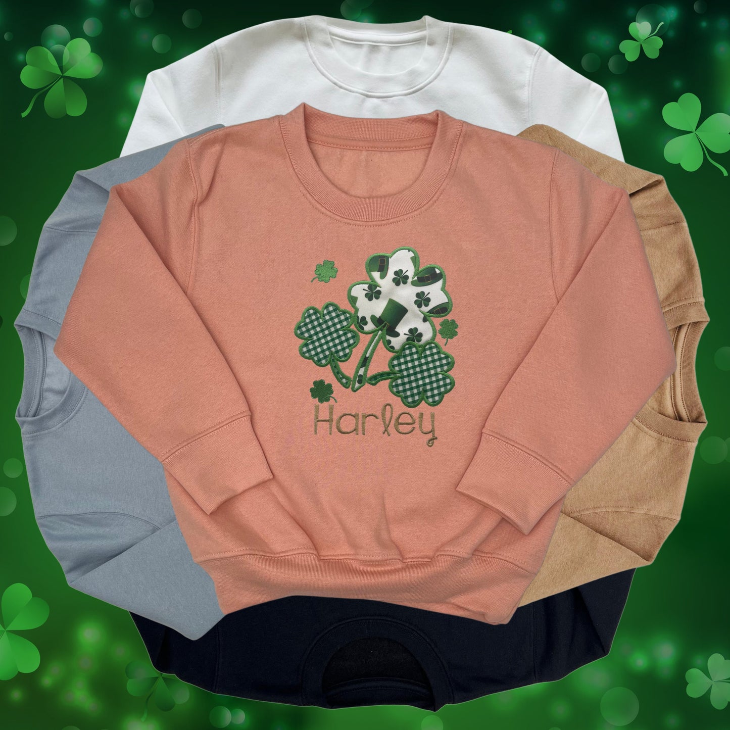 Personalised Embroidered Childrens St Patrick's Day Tops. Cute Shamrock Design Personalised with Name. Perfect for Celebrations