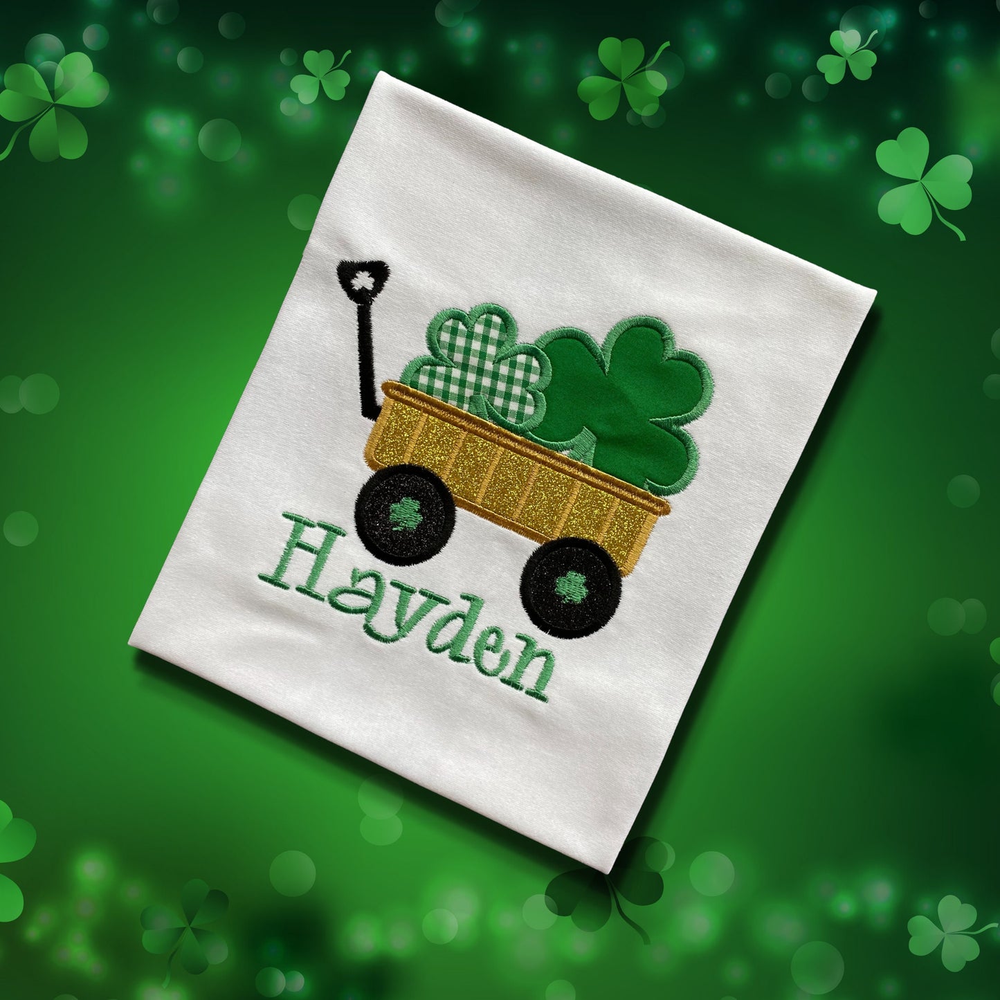 Personalised Embroidered Childrens St Patrick's Day Top. Glittery Gold Cart with Shamrocks. Choice of Garments. Perfect for Celebrations