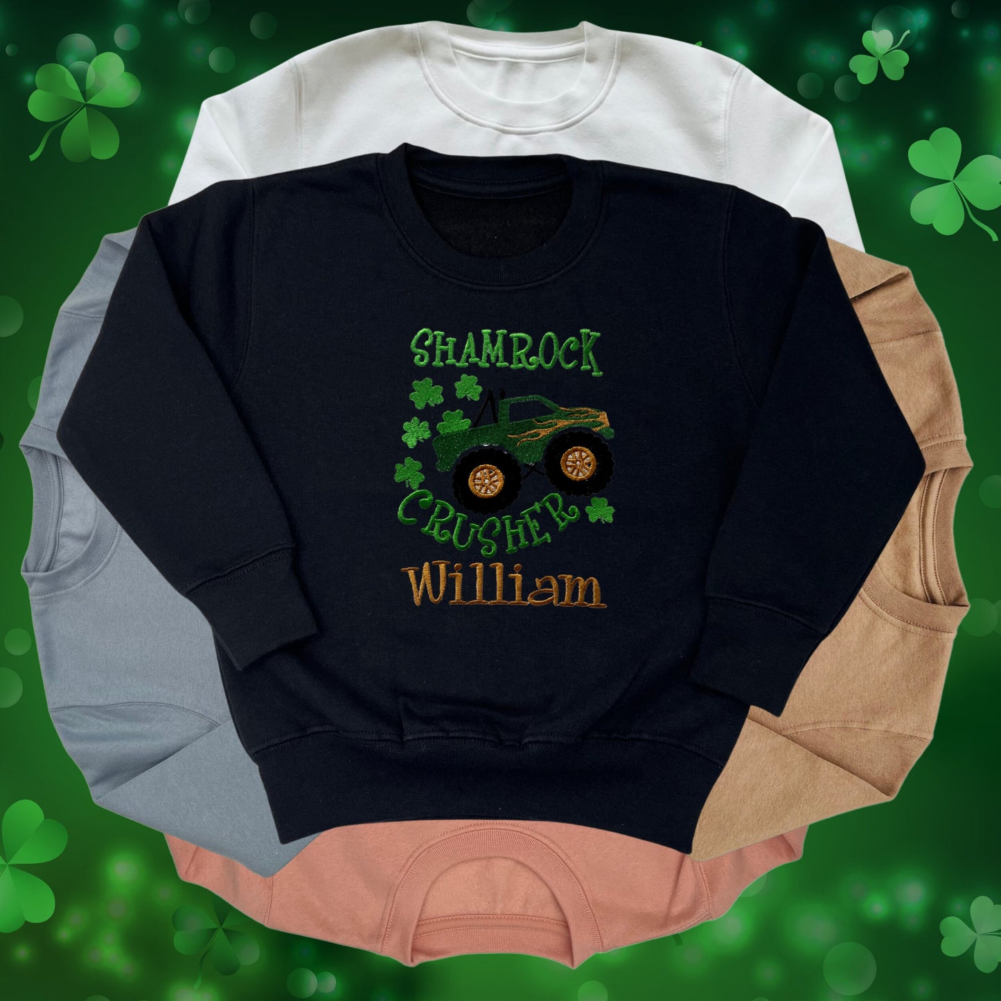 Personalised Embroidered Children's St Patrick's Day Top. Monster Truck Shamrock Crusher Design Personalised with Name.