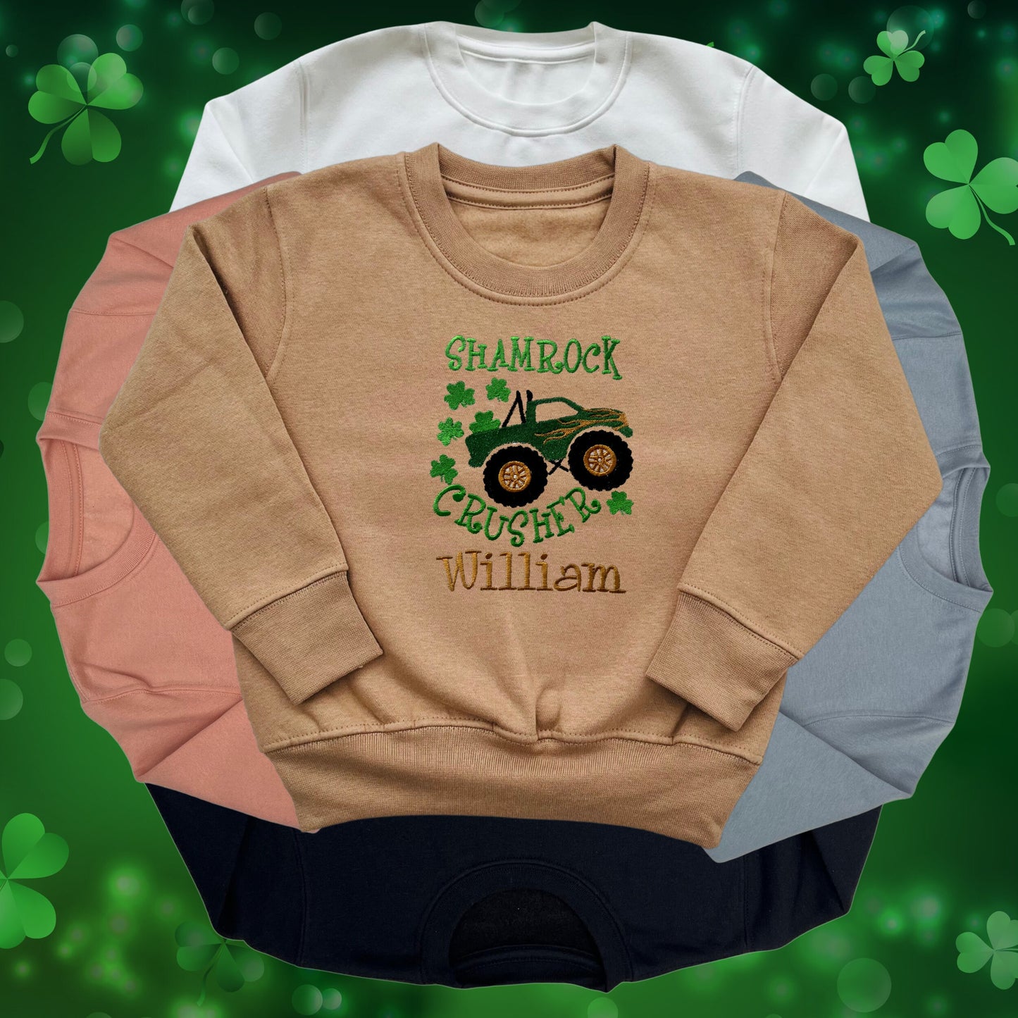 Personalised Embroidered Children's St Patrick's Day Top. Monster Truck Shamrock Crusher Design Personalised with Name.