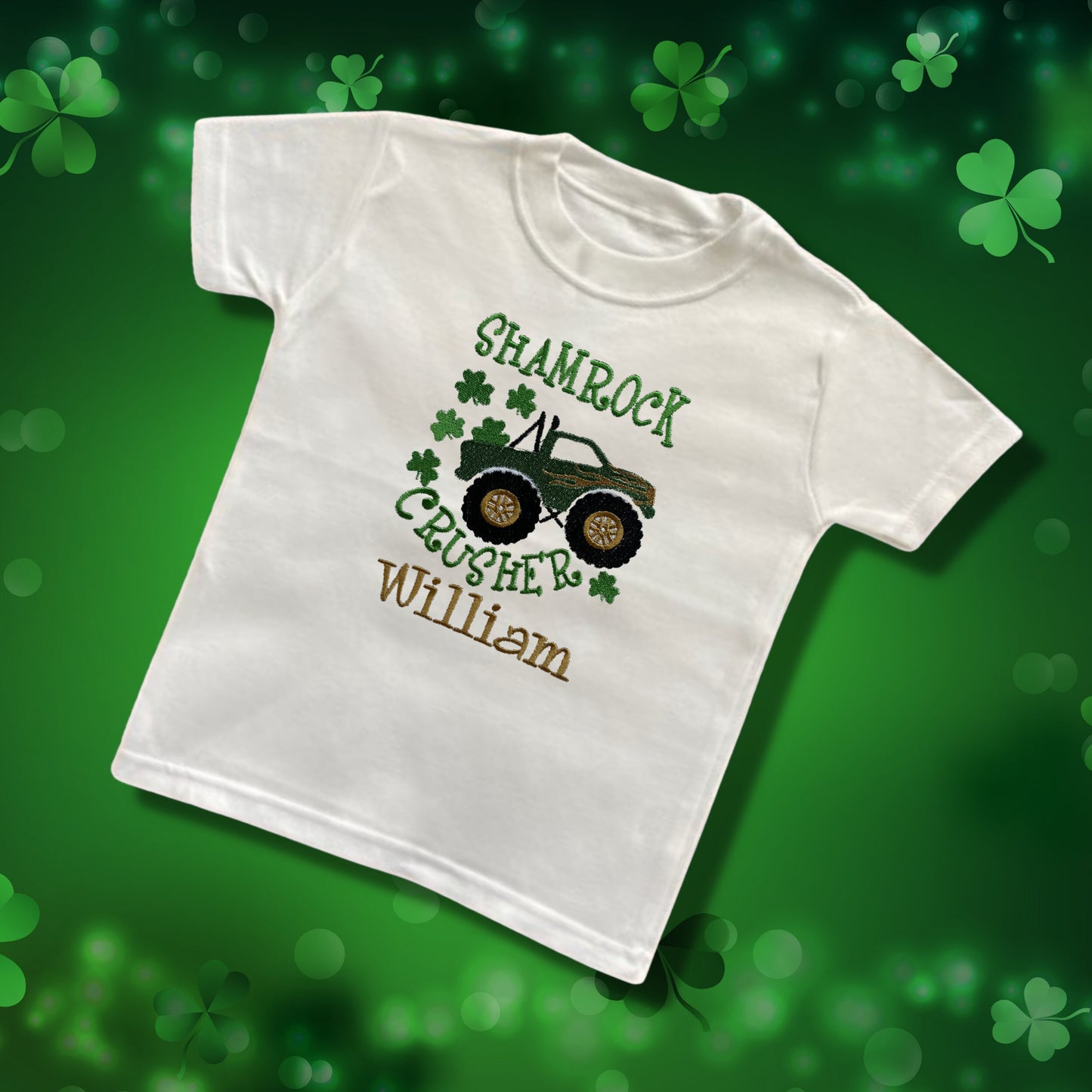Personalised Embroidered Children's St Patrick's Day Top. Monster Truck Shamrock Crusher Design Personalised with Name.