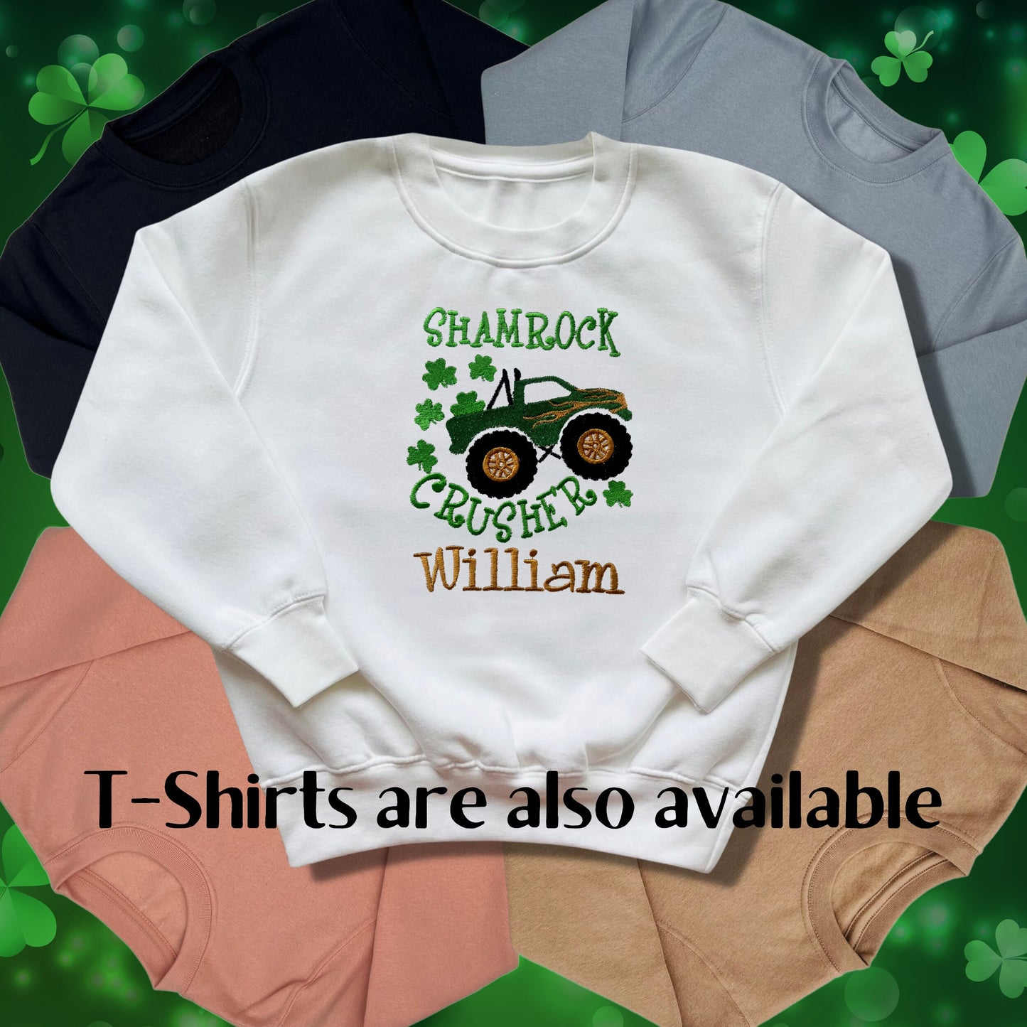 Personalised Embroidered Children's St Patrick's Day Top. Monster Truck Shamrock Crusher Design Personalised with Name.