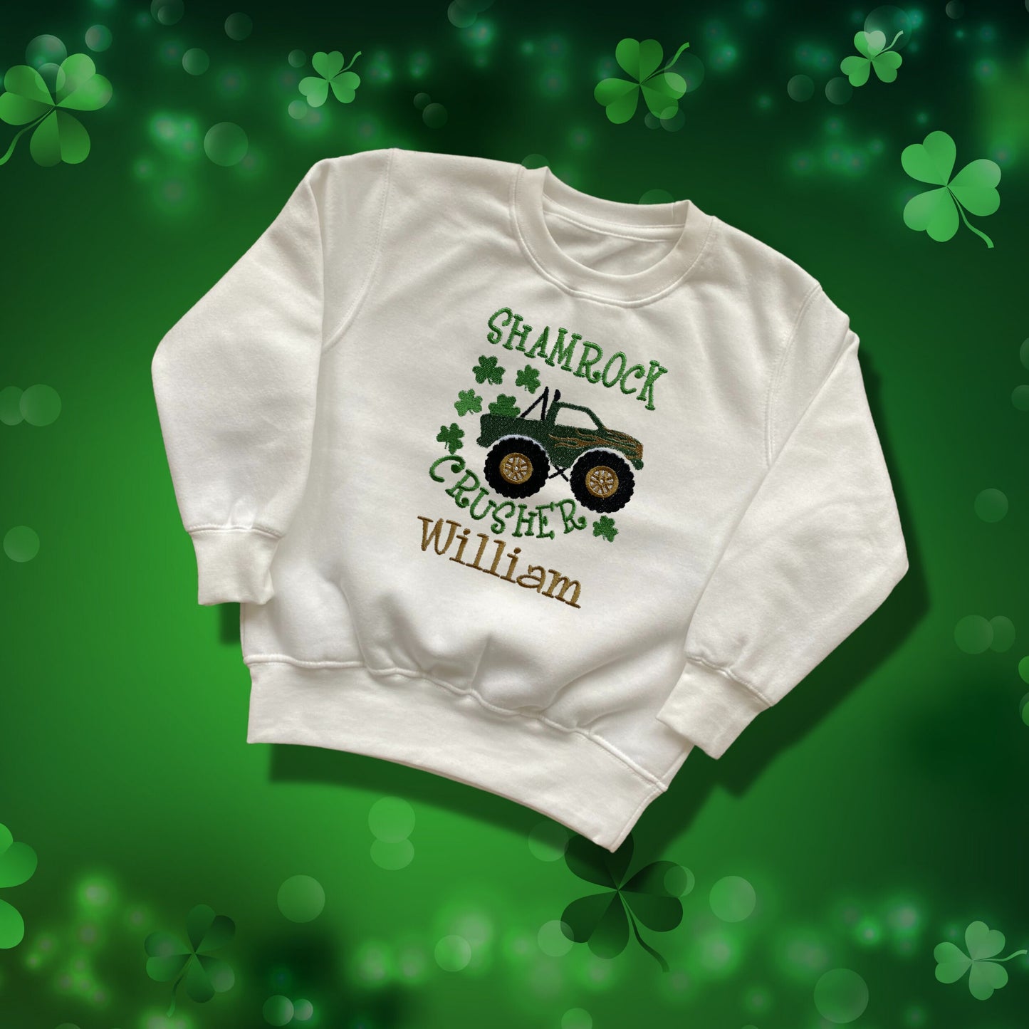 Personalised Embroidered Children's St Patrick's Day Top. Monster Truck Shamrock Crusher Design Personalised with Name.