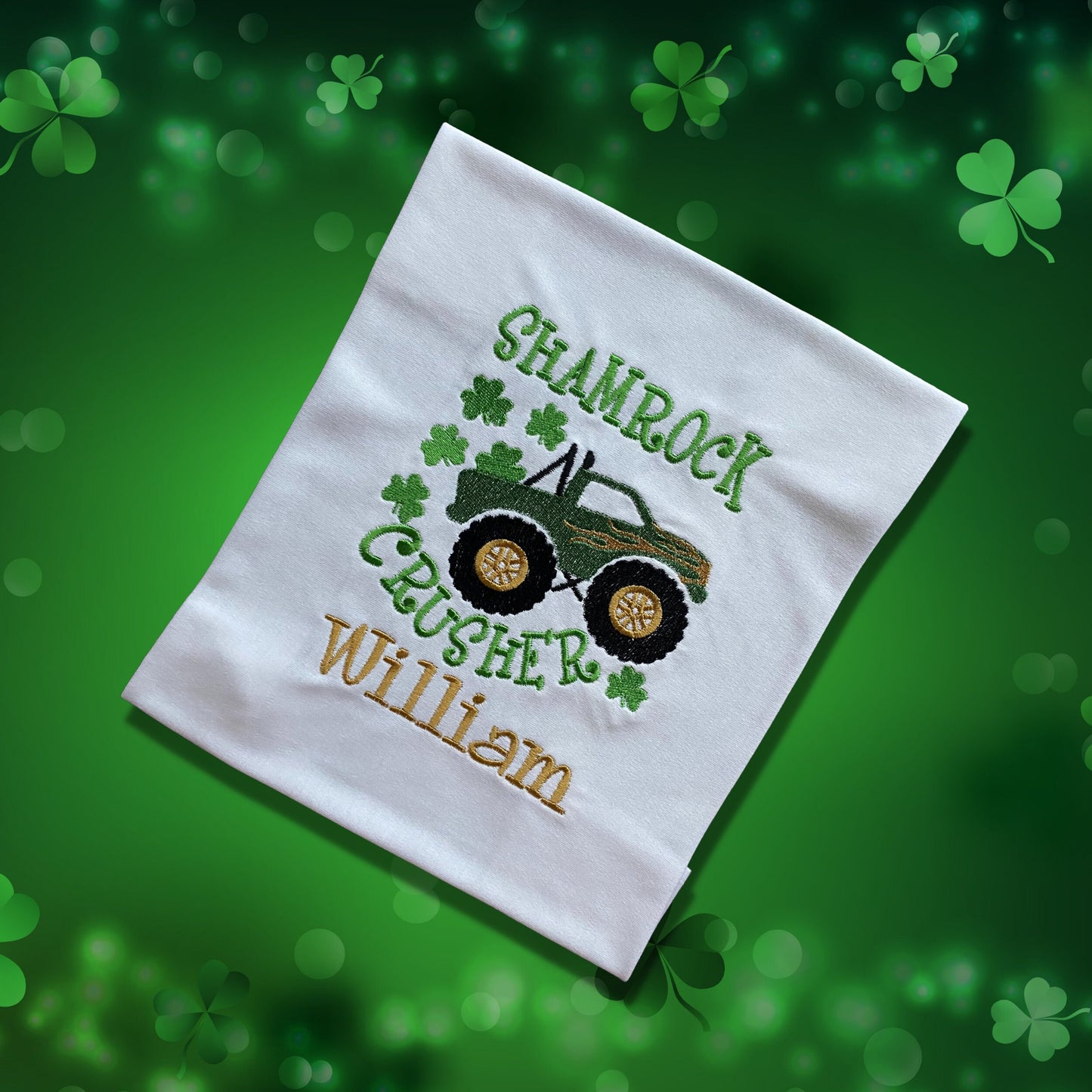 Personalised Embroidered Children's St Patrick's Day Top. Monster Truck Shamrock Crusher Design Personalised with Name.
