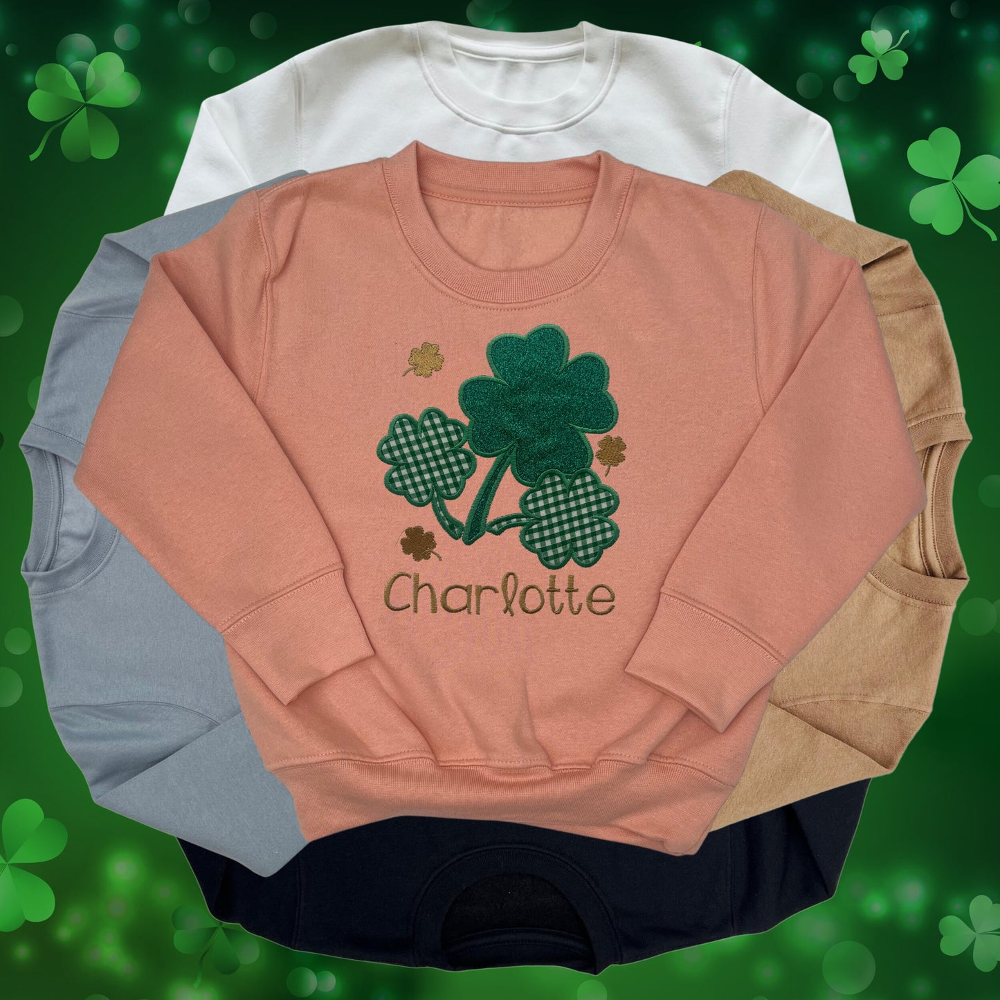 Personalised Embroidered Childrens St Patrick's Day Top. Cute Applique Shamrock Design Personalised with Name. Perfect for Celebrations