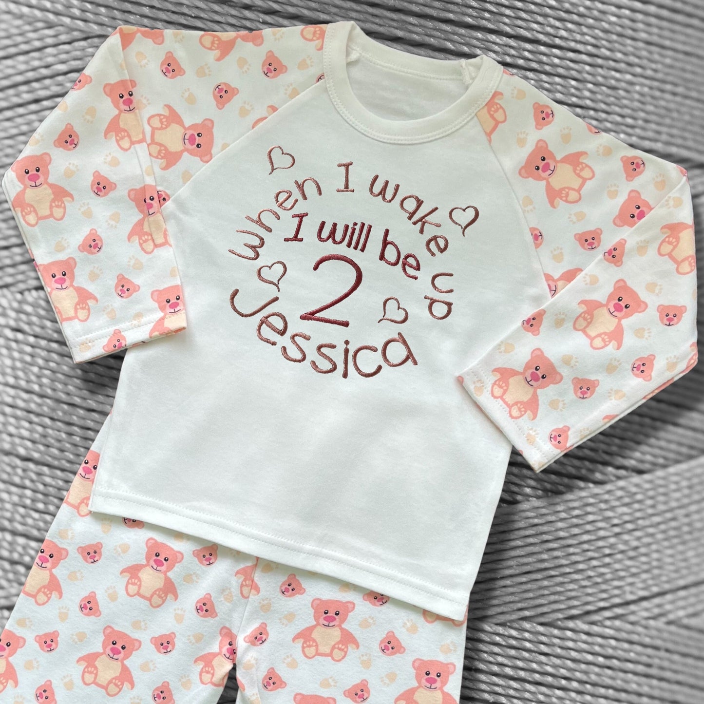 Childrens Personalised Embroidered Pyjamas and Sleepsuits. When I wake up I will be'. Cute Embroidered Birthday Design with the Child's Name