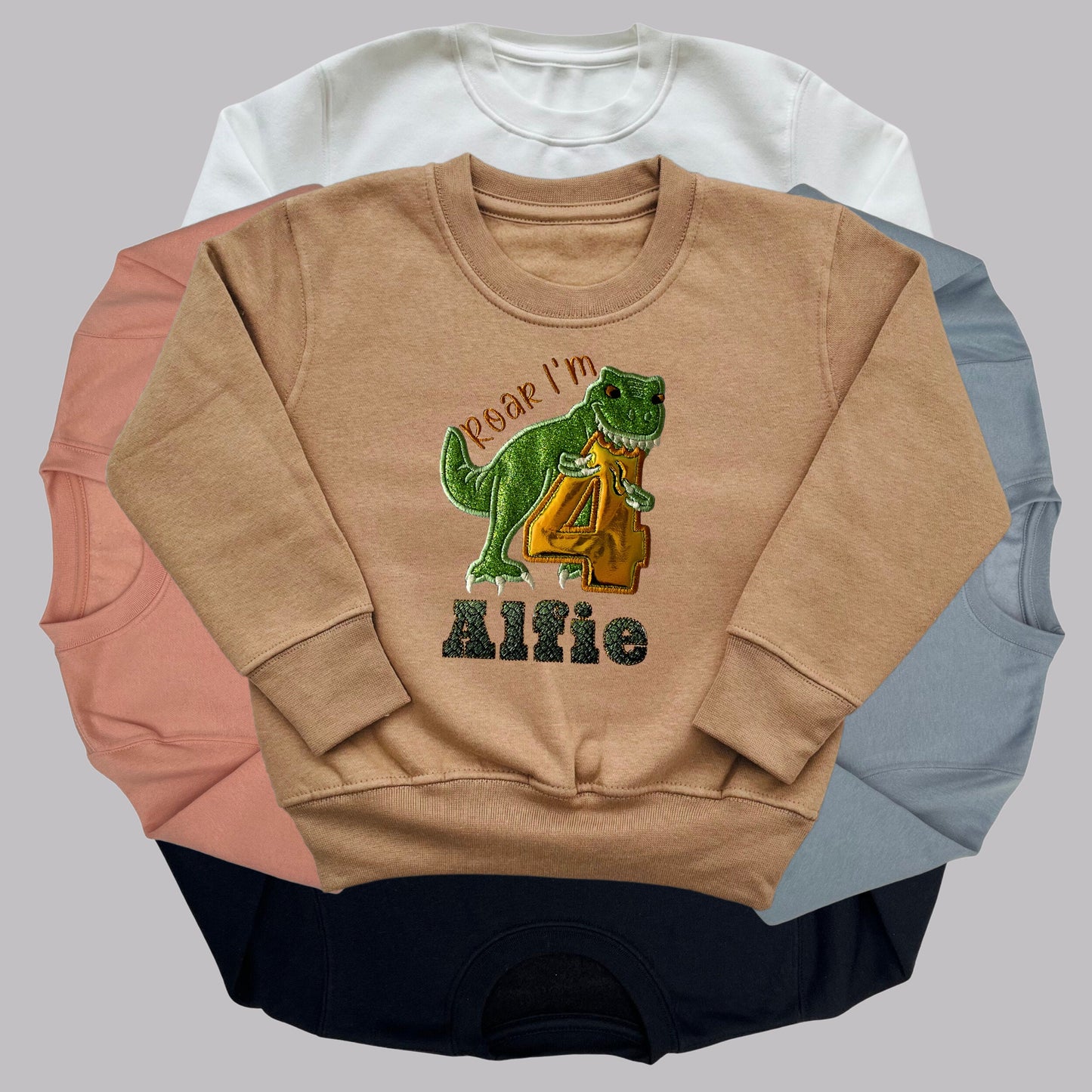Personalised Embroidered Children's Birthday Top. Embroidered Applique Dinosaur Personalised with Age and Name in a Scaley Font Perfect Gift