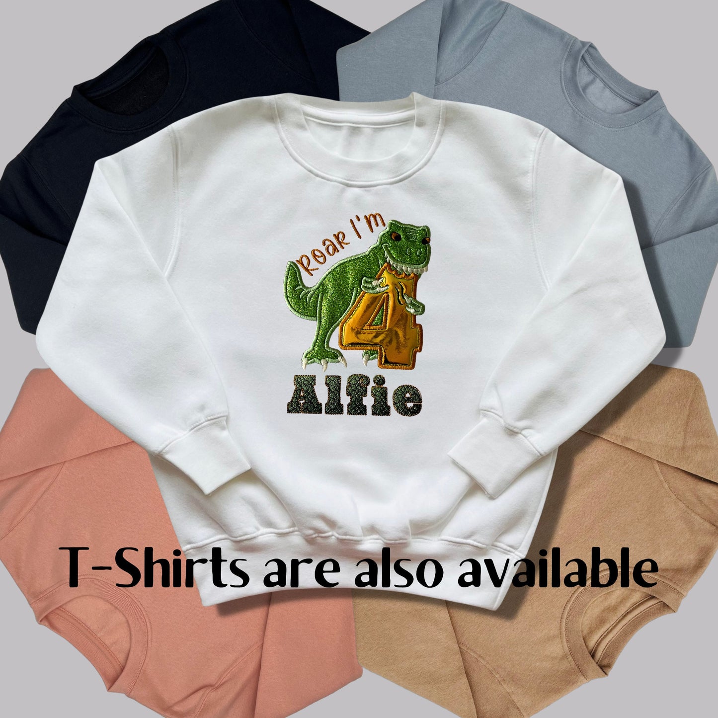 Personalised Embroidered Children's Birthday Top. Embroidered Applique Dinosaur Personalised with Age and Name in a Scaley Font Perfect Gift
