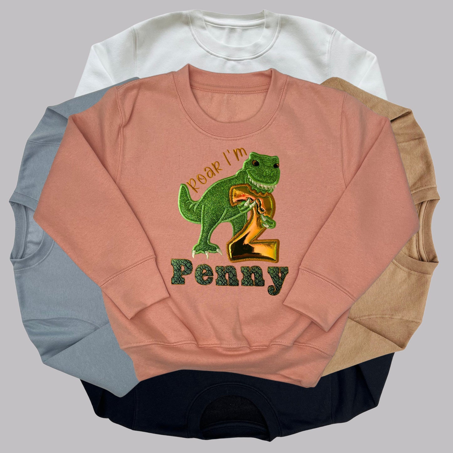 Personalised Embroidered Children's Birthday Top. Embroidered Applique Dinosaur Personalised with Age and Name in a Scaley Font Perfect Gift