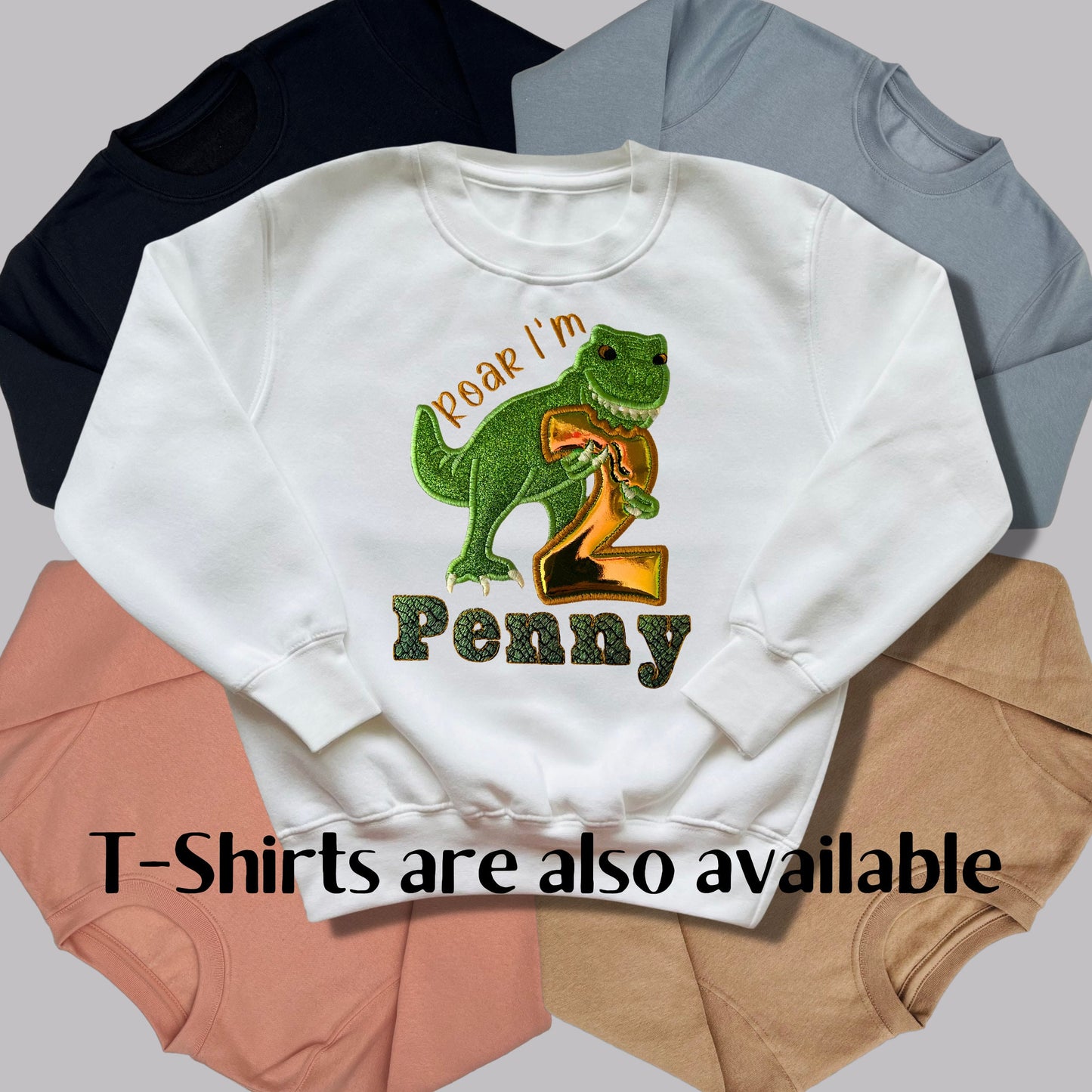 Personalised Embroidered Children's Birthday Top. Embroidered Applique Dinosaur Personalised with Age and Name in a Scaley Font Perfect Gift