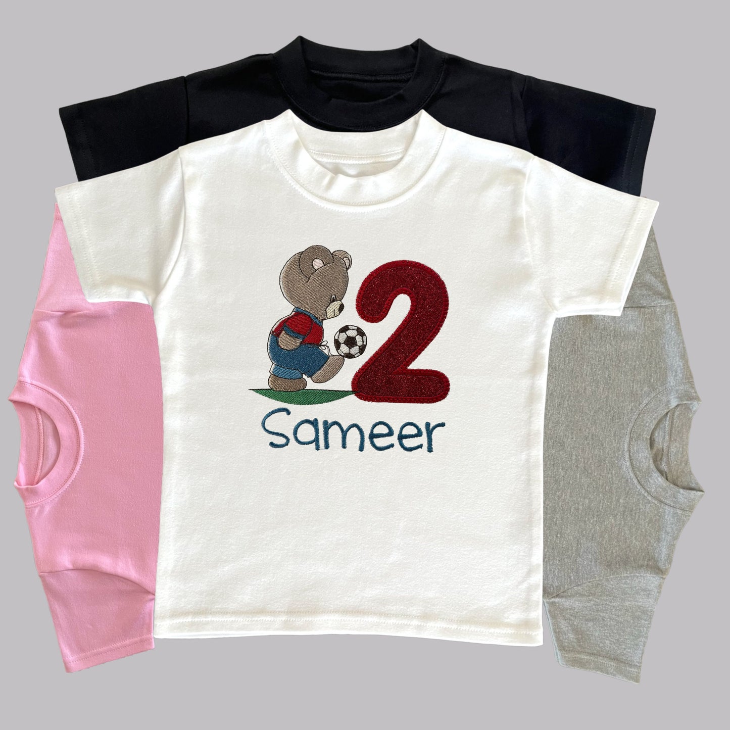 Personalised Embroidered Children's Birthday Top. Cute Embroidered Teddy Bear Kicking a Football. Personalised with Age and Name.