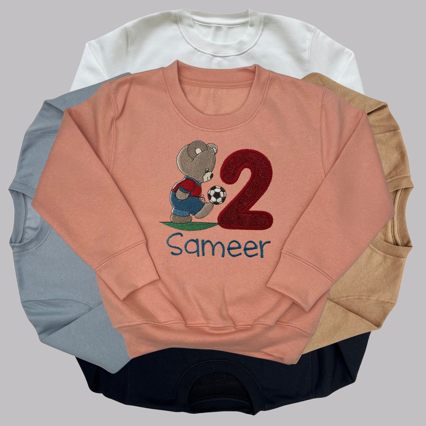 Personalised Embroidered Children's Birthday Top. Cute Embroidered Teddy Bear Kicking a Football. Personalised with Age and Name.