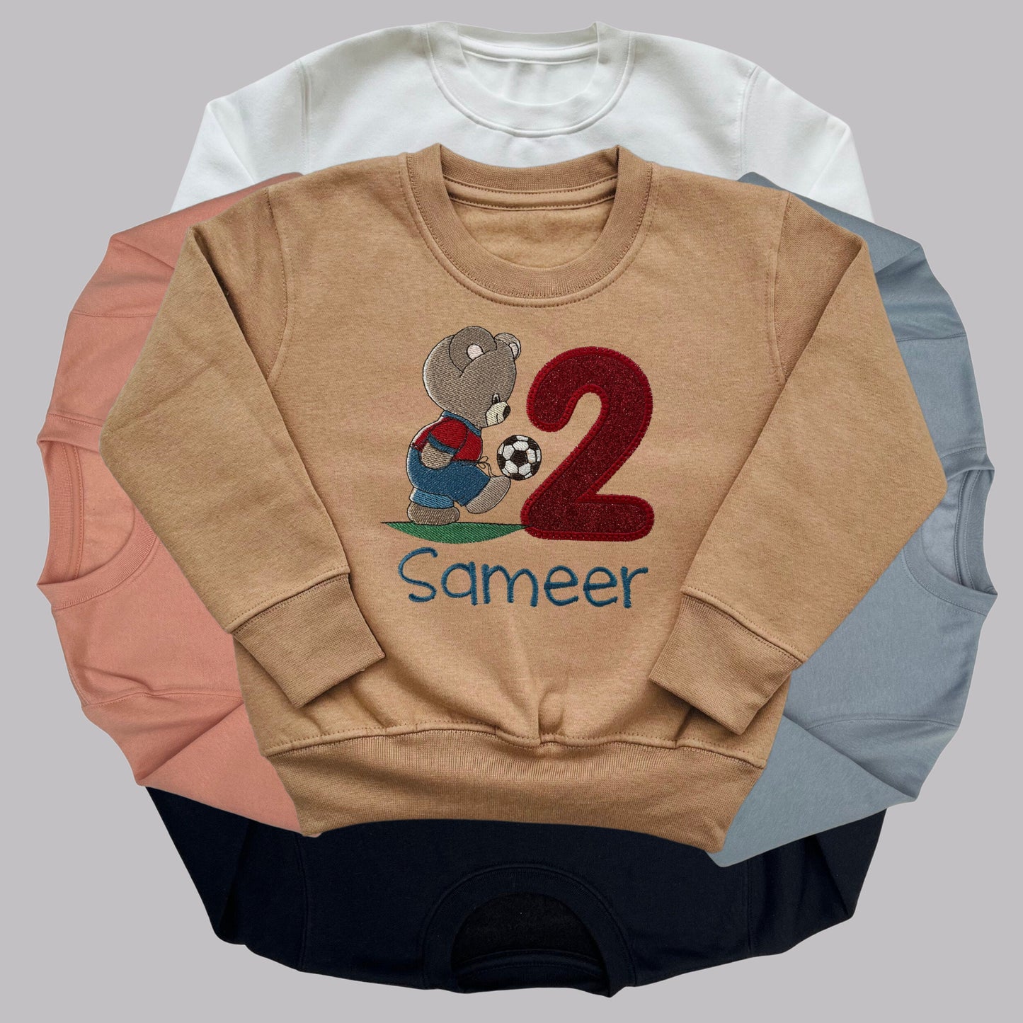 Personalised Embroidered Children's Birthday Top. Cute Embroidered Teddy Bear Kicking a Football. Personalised with Age and Name.