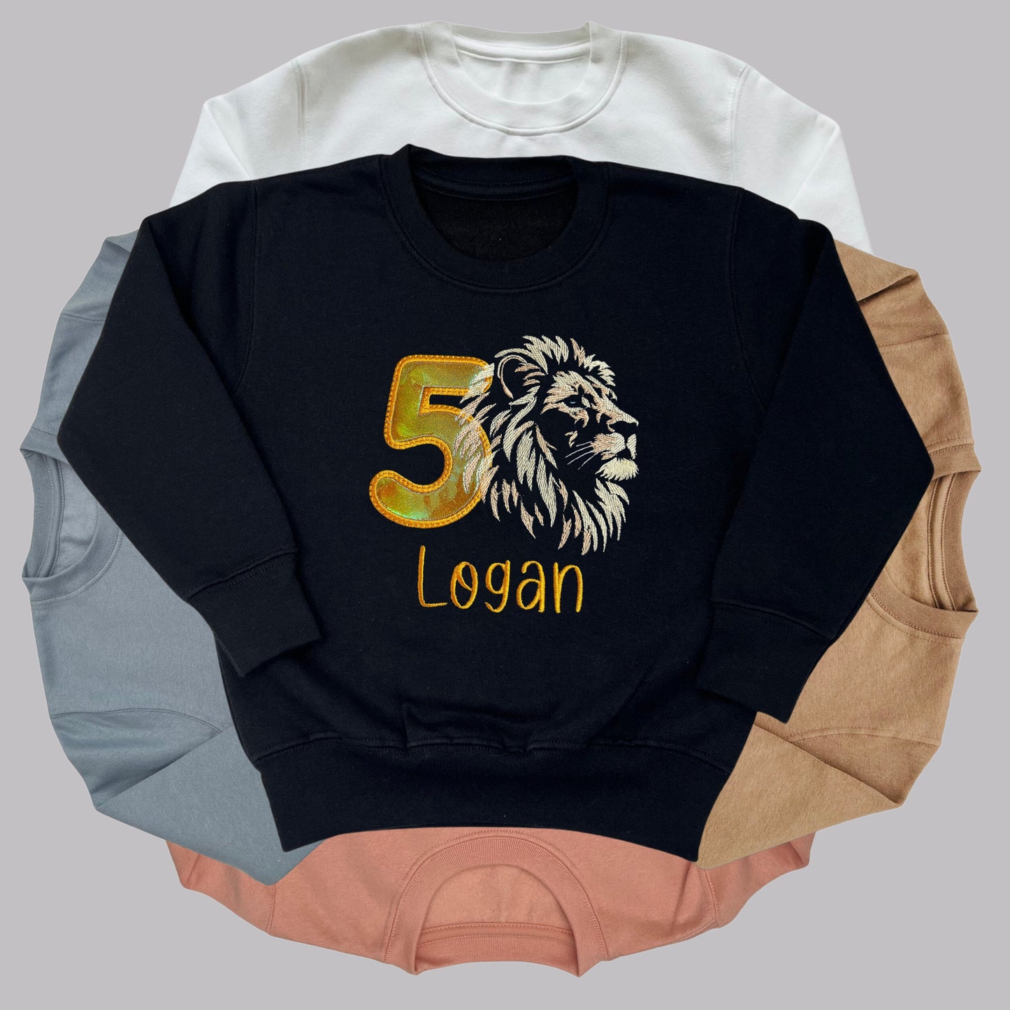 Personalised Embroidered Children's Birthday Top. Magestic Lion's Head, Age in Gold Glitter Vinyl and Child's Name. Perfect for Birthdays